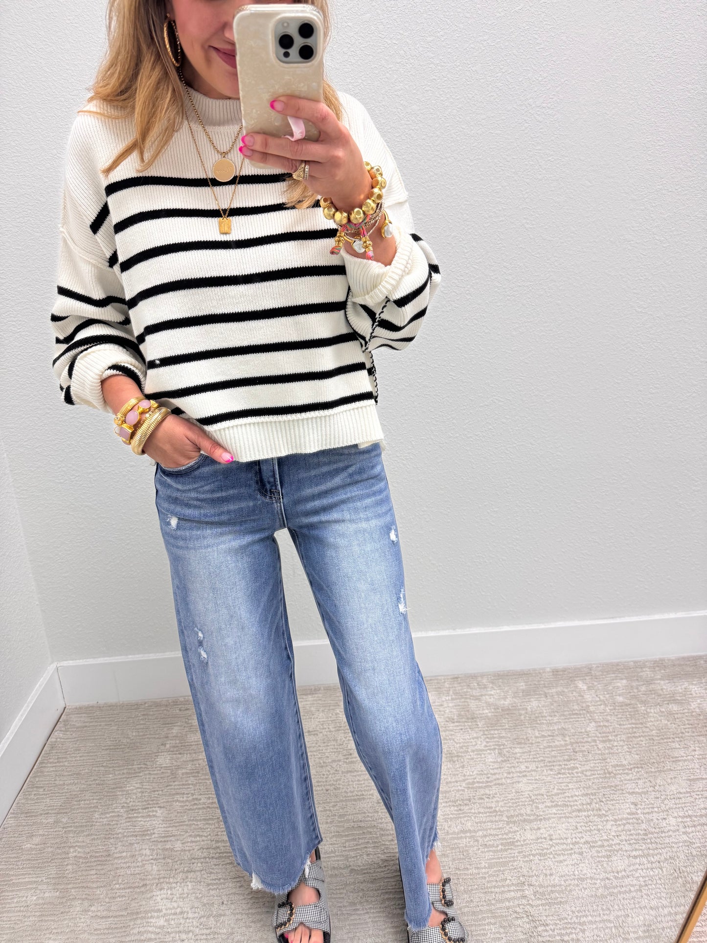 Ivory Striped Mock Neck Sweater