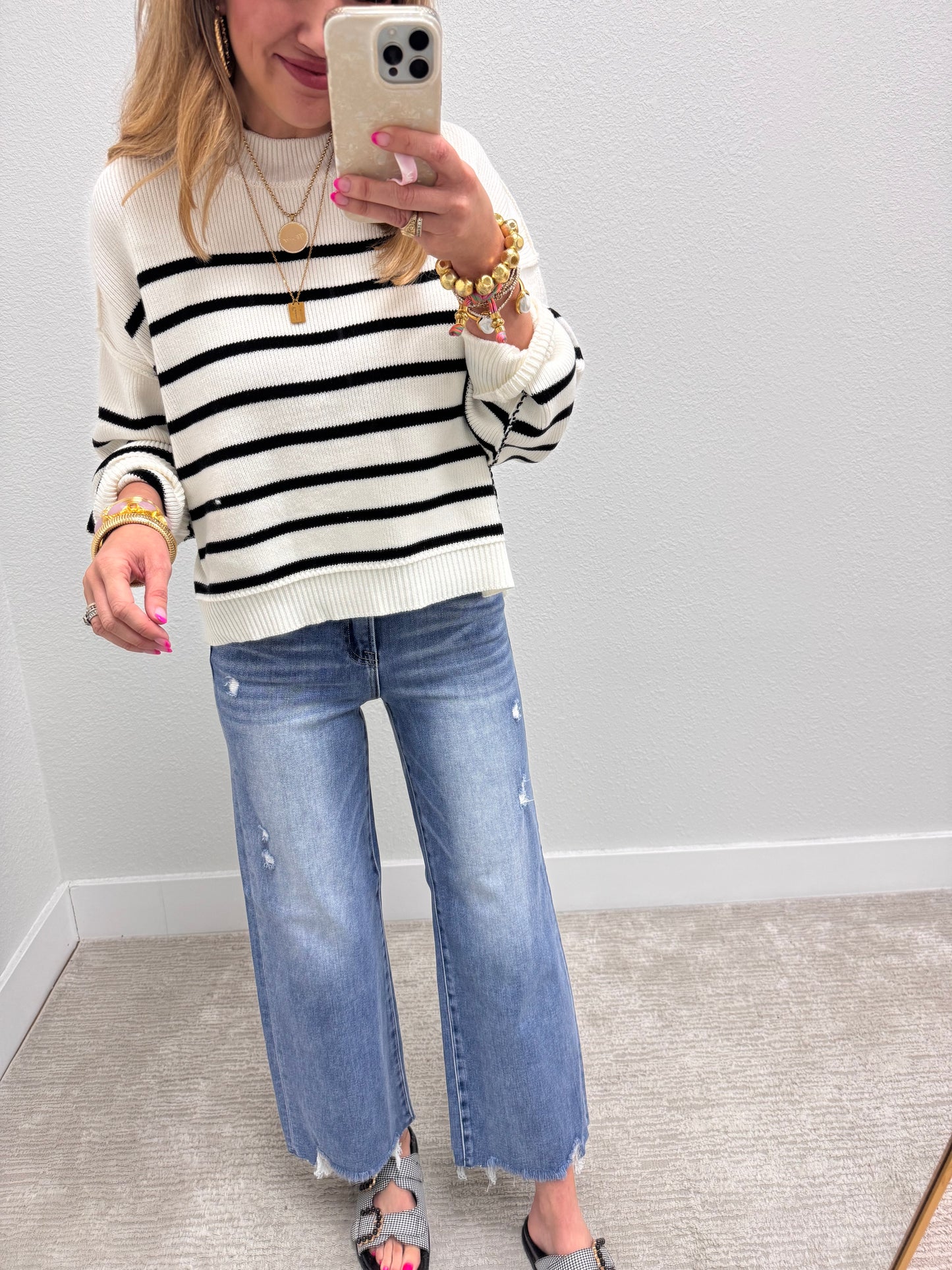 Ivory Striped Mock Neck Sweater