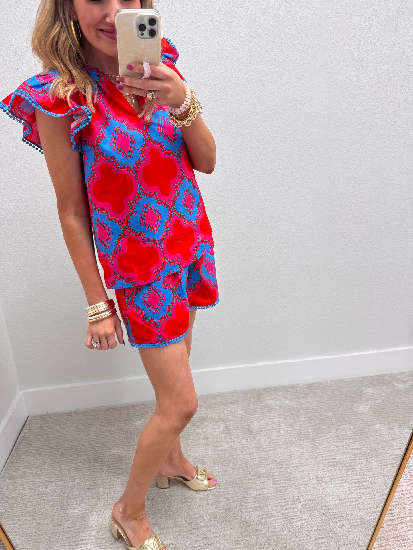 Red and Blue Printed Two Piece Short Set
