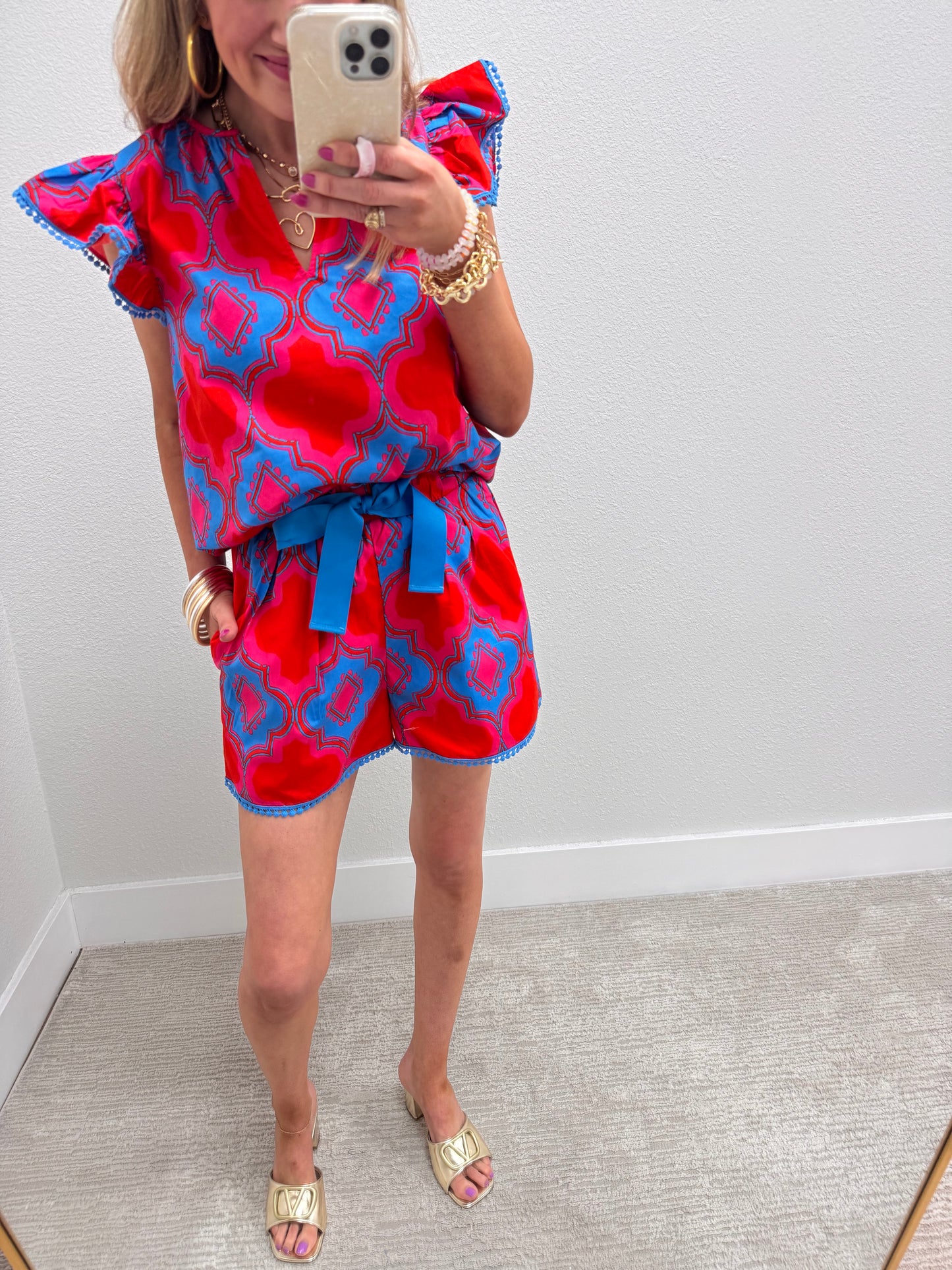 Red and Blue Printed Two Piece Short Set