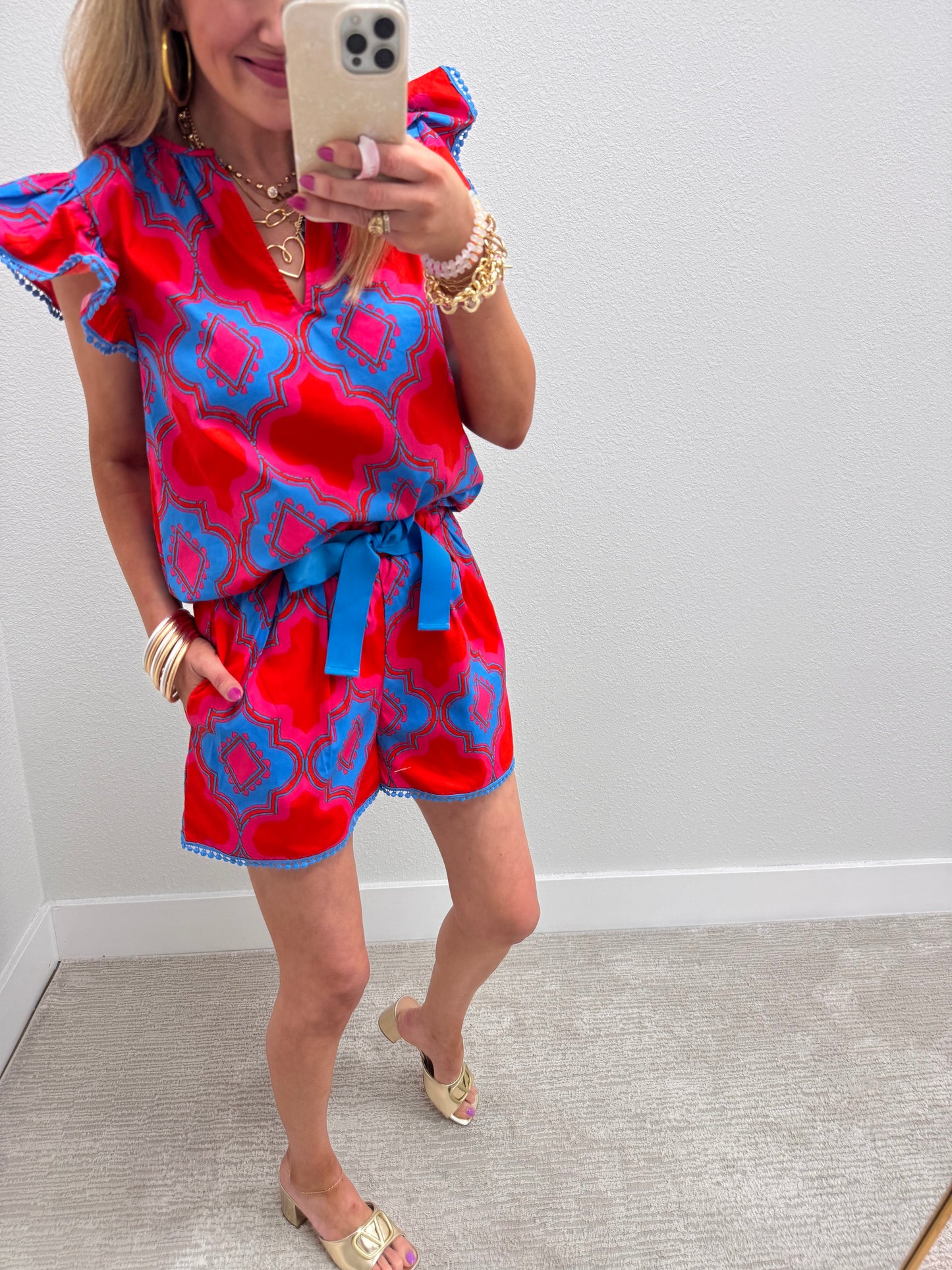 Red and Blue Printed Two Piece Short Set