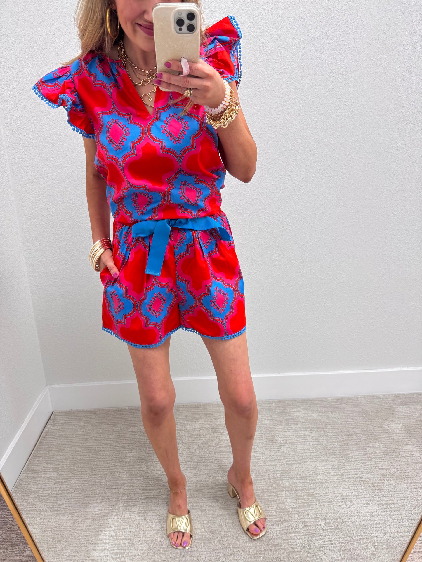 Red and Blue Printed Two Piece Short Set