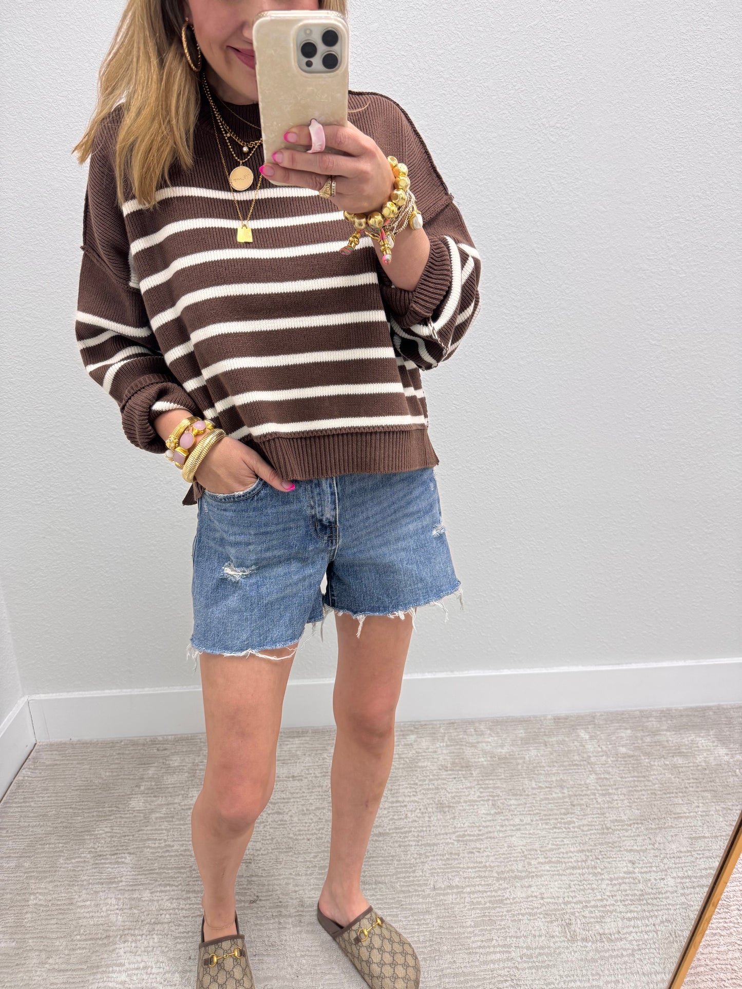 Brown Striped Mock Neck Sweater