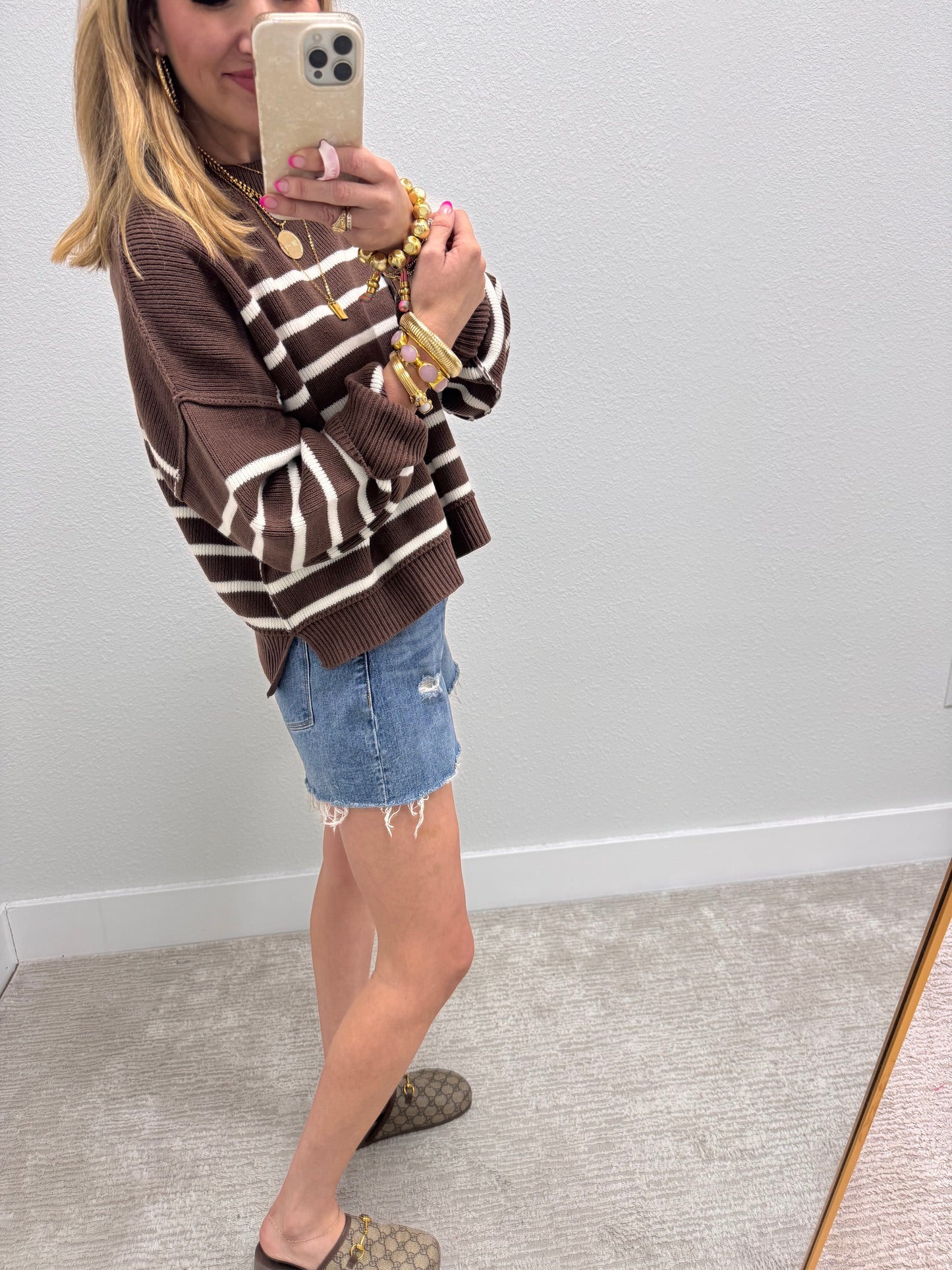 Brown Striped Mock Neck Sweater