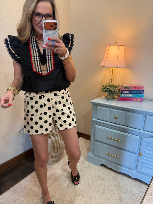 Black Plaid Contrast Accent Woven Top