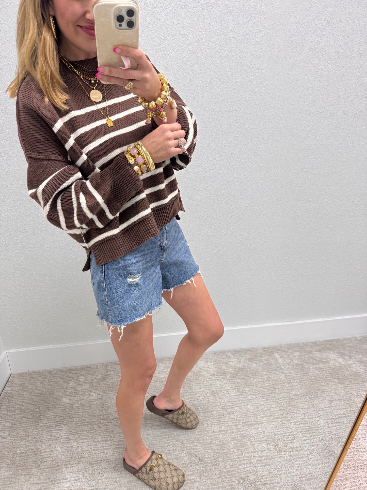 Brown Striped Mock Neck Sweater