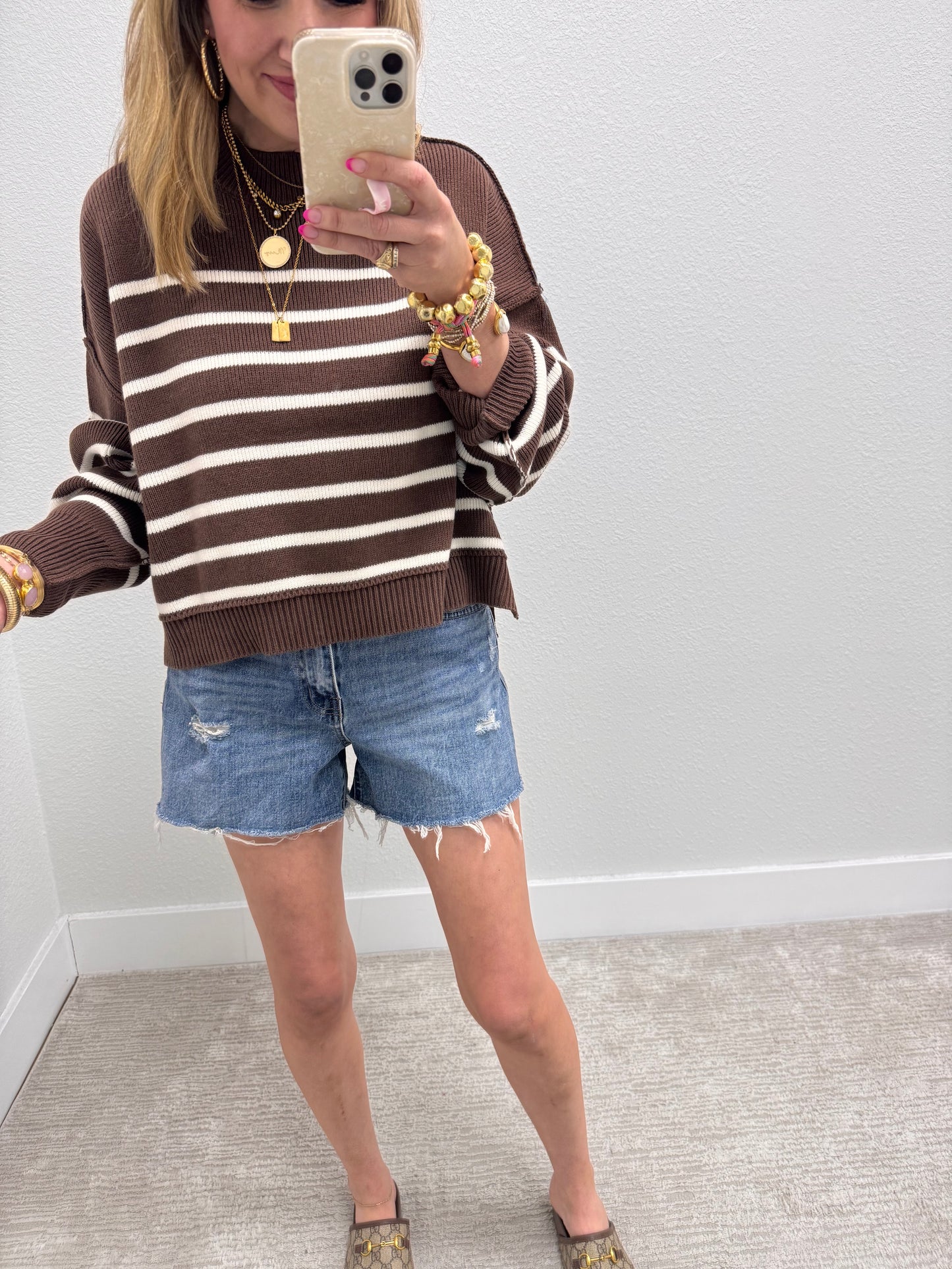 Brown Striped Mock Neck Sweater