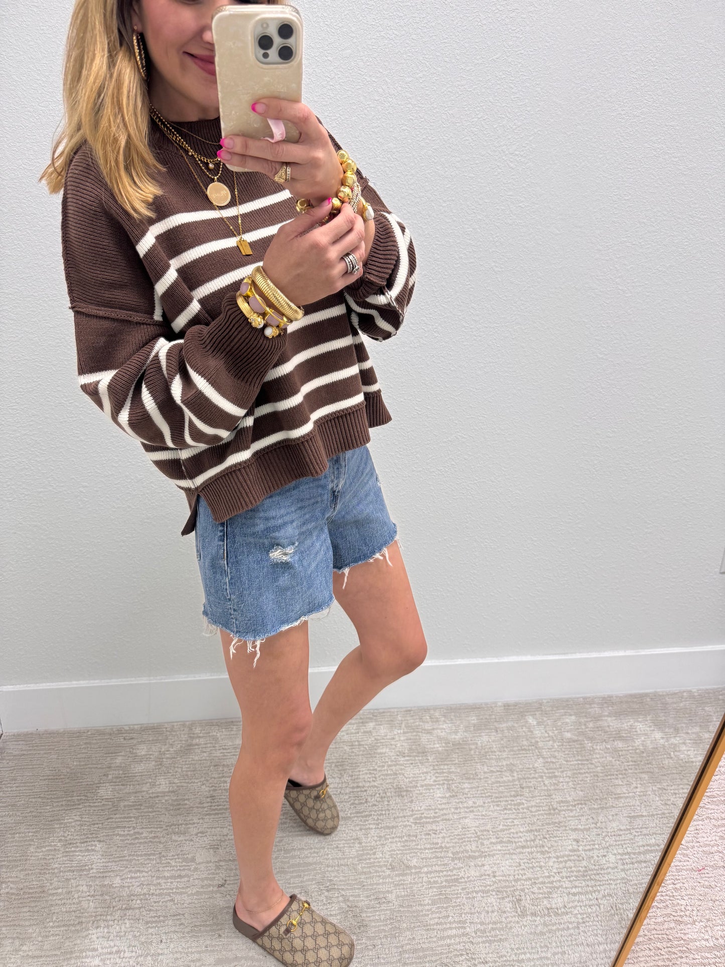 Brown Striped Mock Neck Sweater