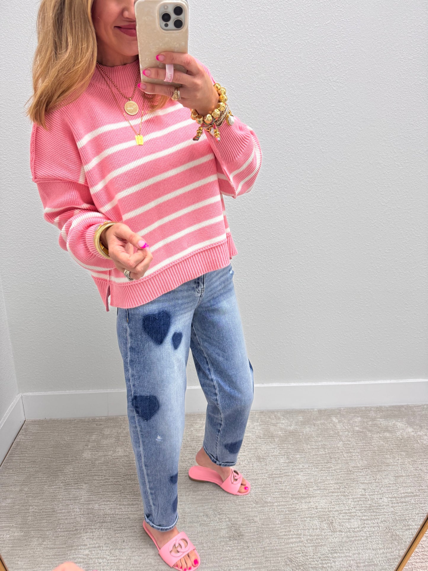 Pink Striped Mock Neck Sweater
