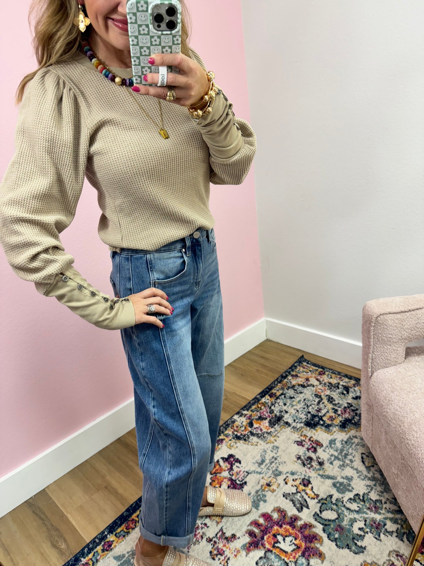 Latte Waffle Puff Sleeve Buttoned Cuff Top