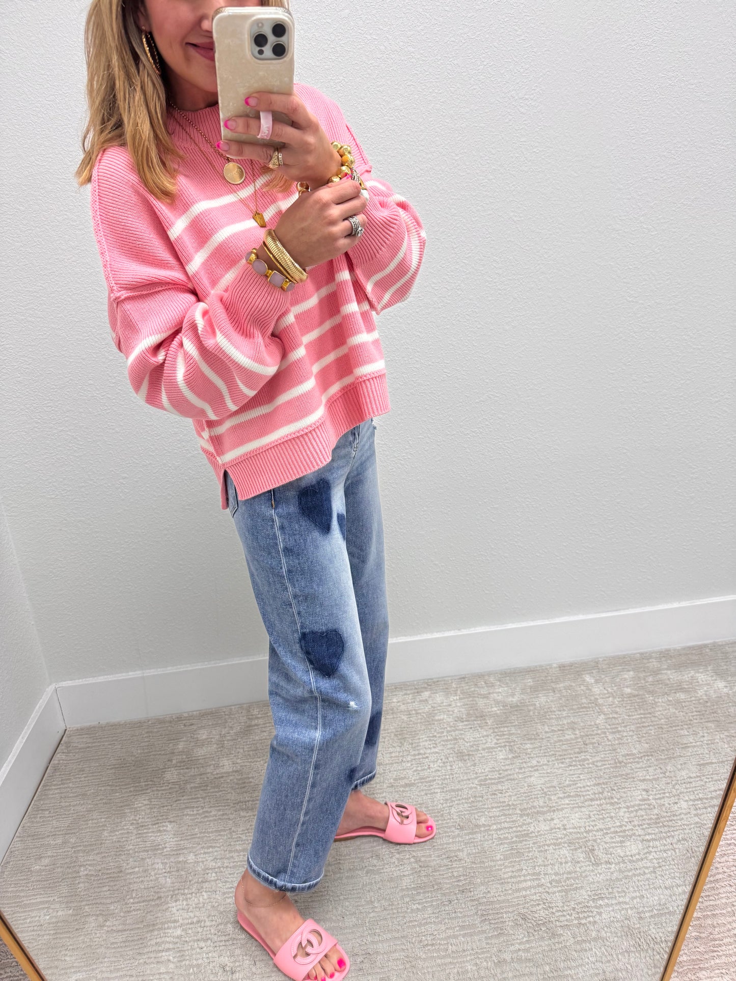 Pink Striped Mock Neck Sweater