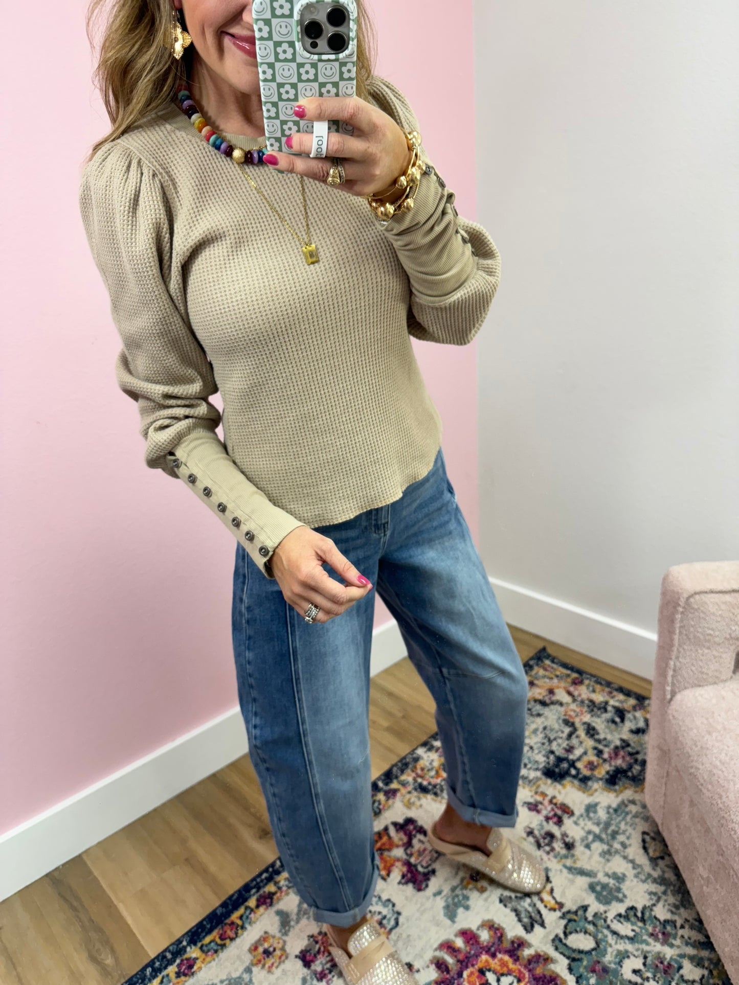 Latte Waffle Puff Sleeve Buttoned Cuff Top