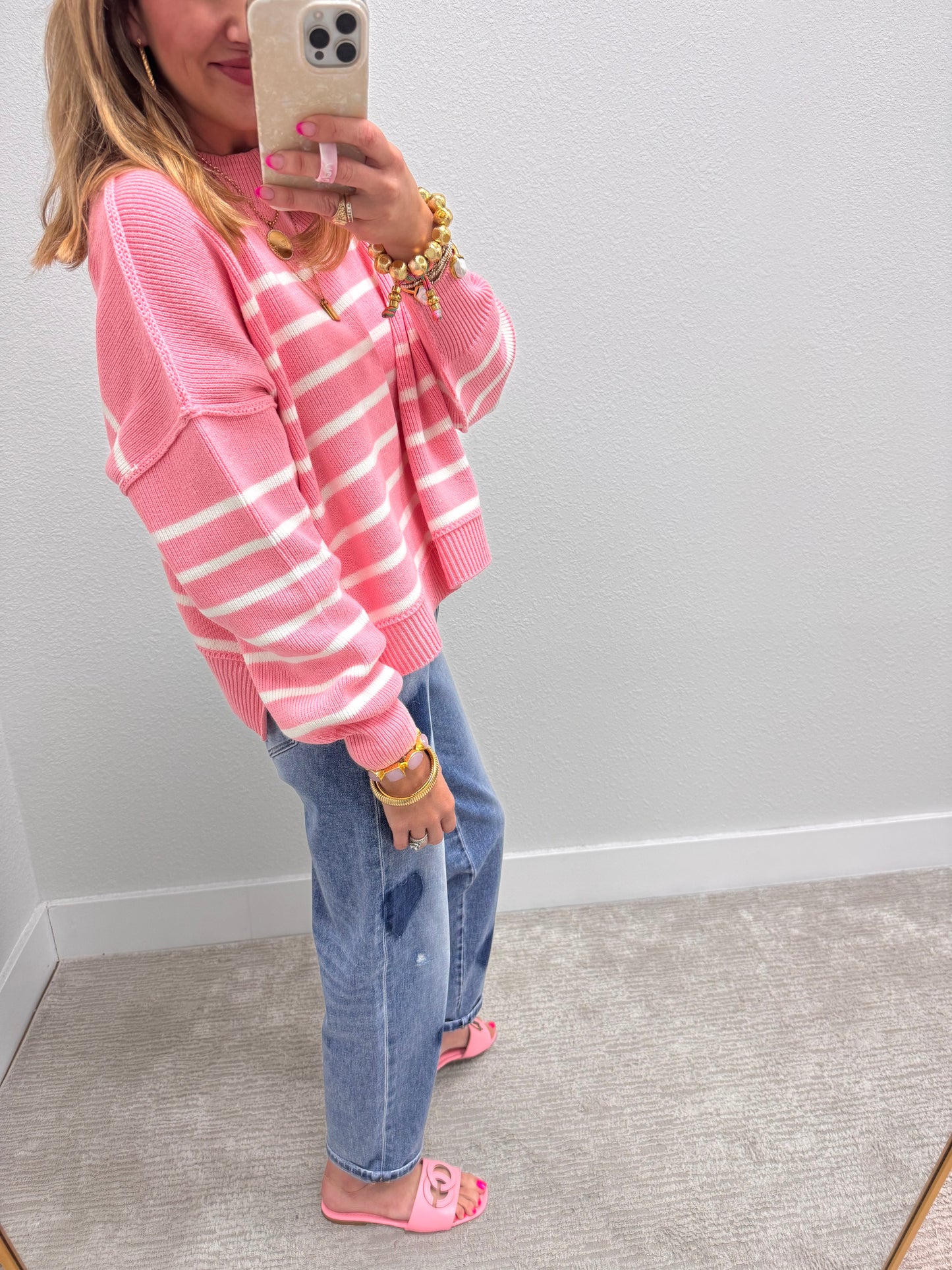 Pink Striped Mock Neck Sweater