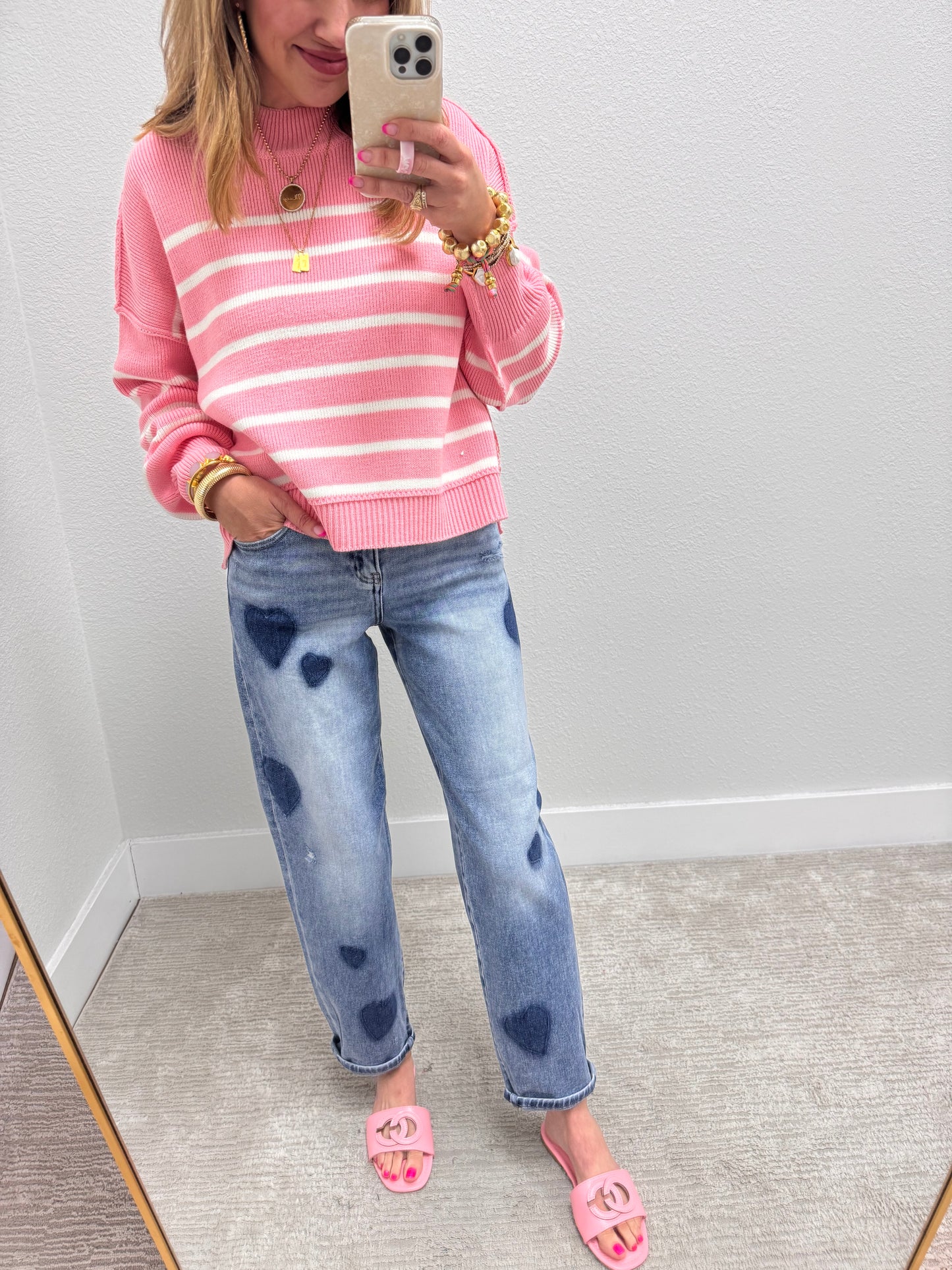 Pink Striped Mock Neck Sweater