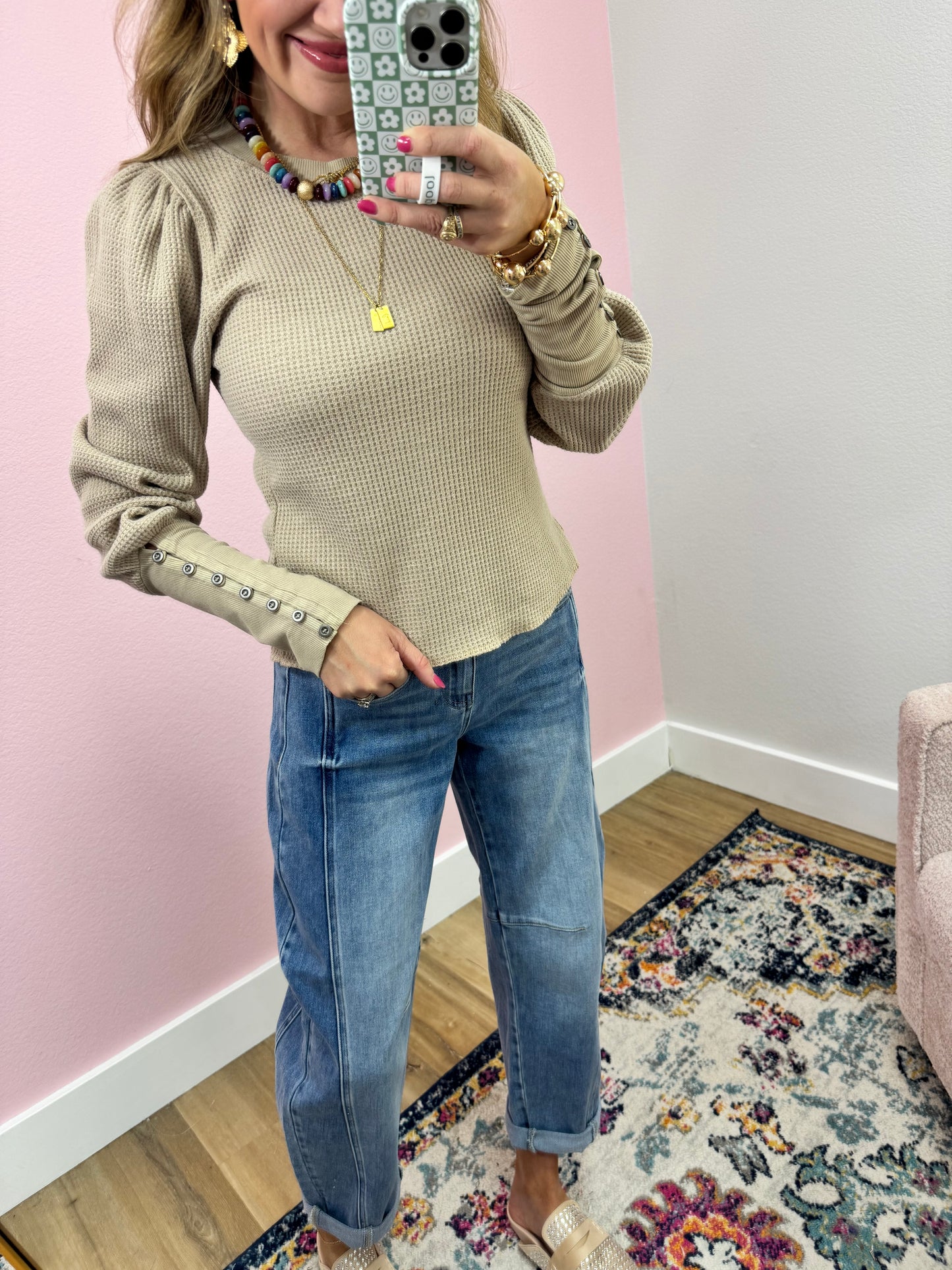 Latte Waffle Puff Sleeve Buttoned Cuff Top