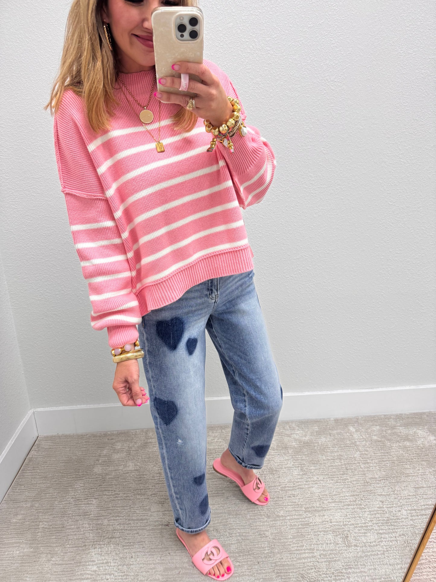 Pink Striped Mock Neck Sweater