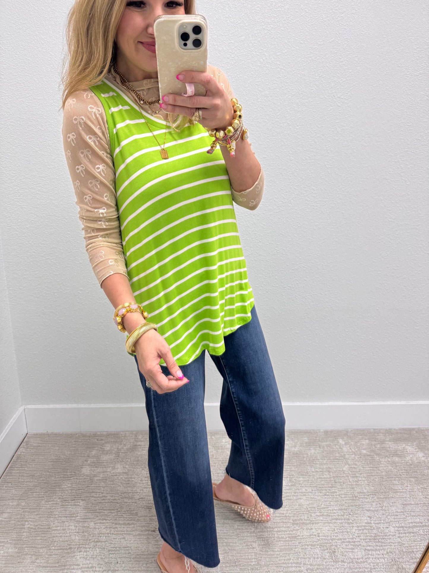 Green & Ivory Striped Round Bottom Top
