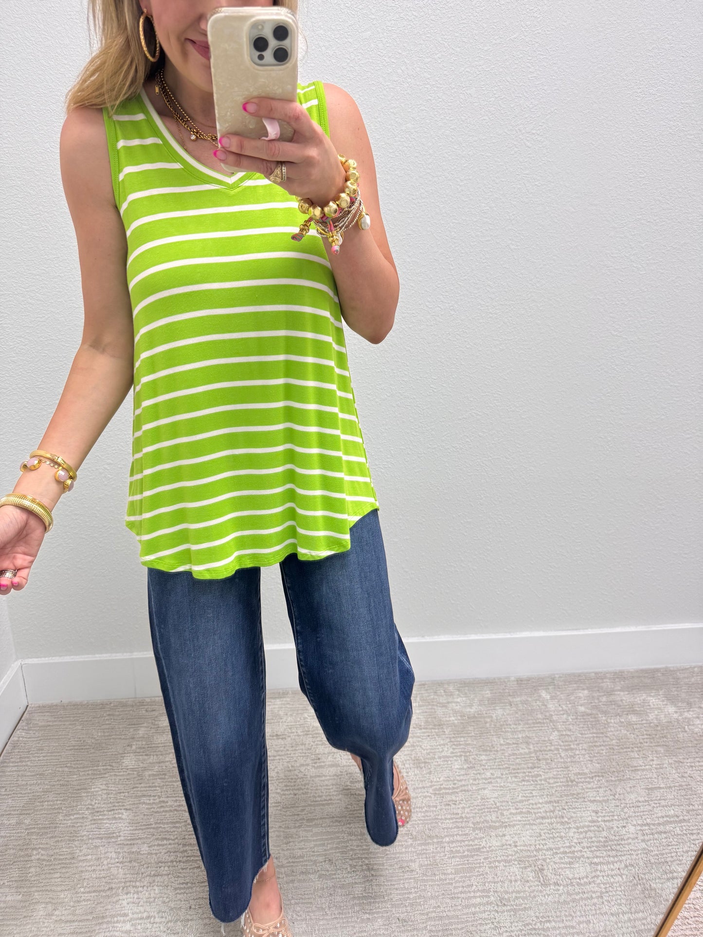 Green & Ivory Striped Round Bottom Top