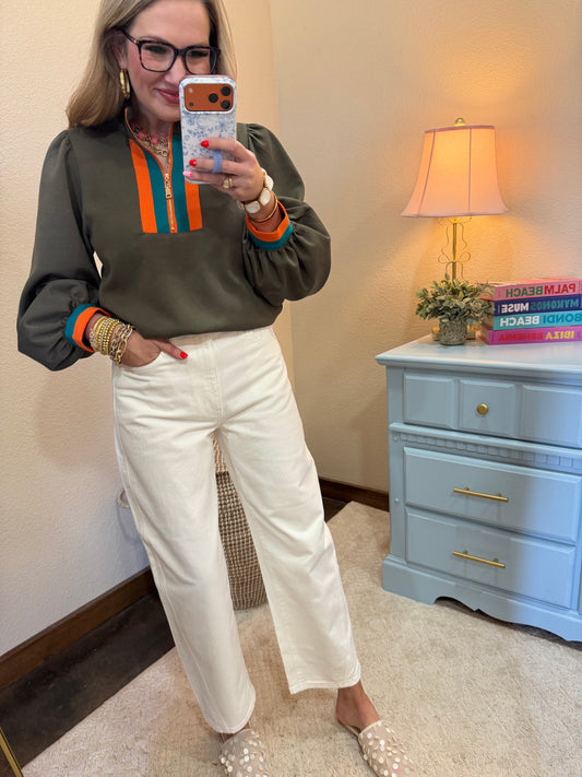 Olive Scuba Detailed 3/4 Sleeve Top