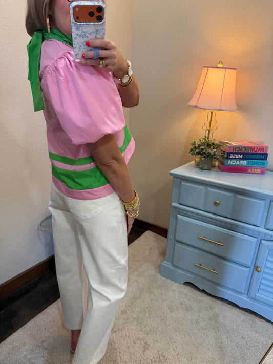 Pink and Green Tie Neck Short Sleeve