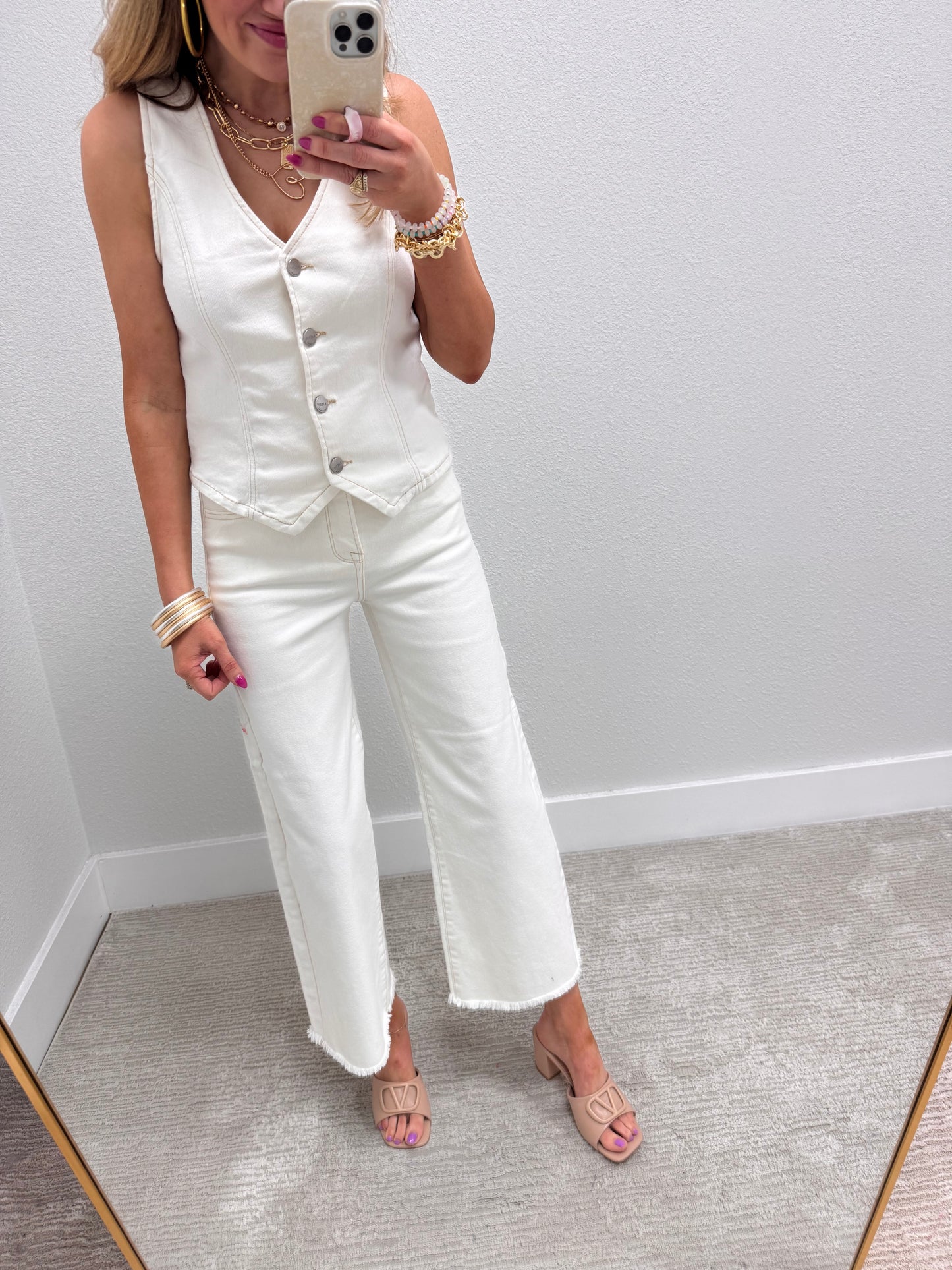 Risen Cream Denim Button Vneck Vest