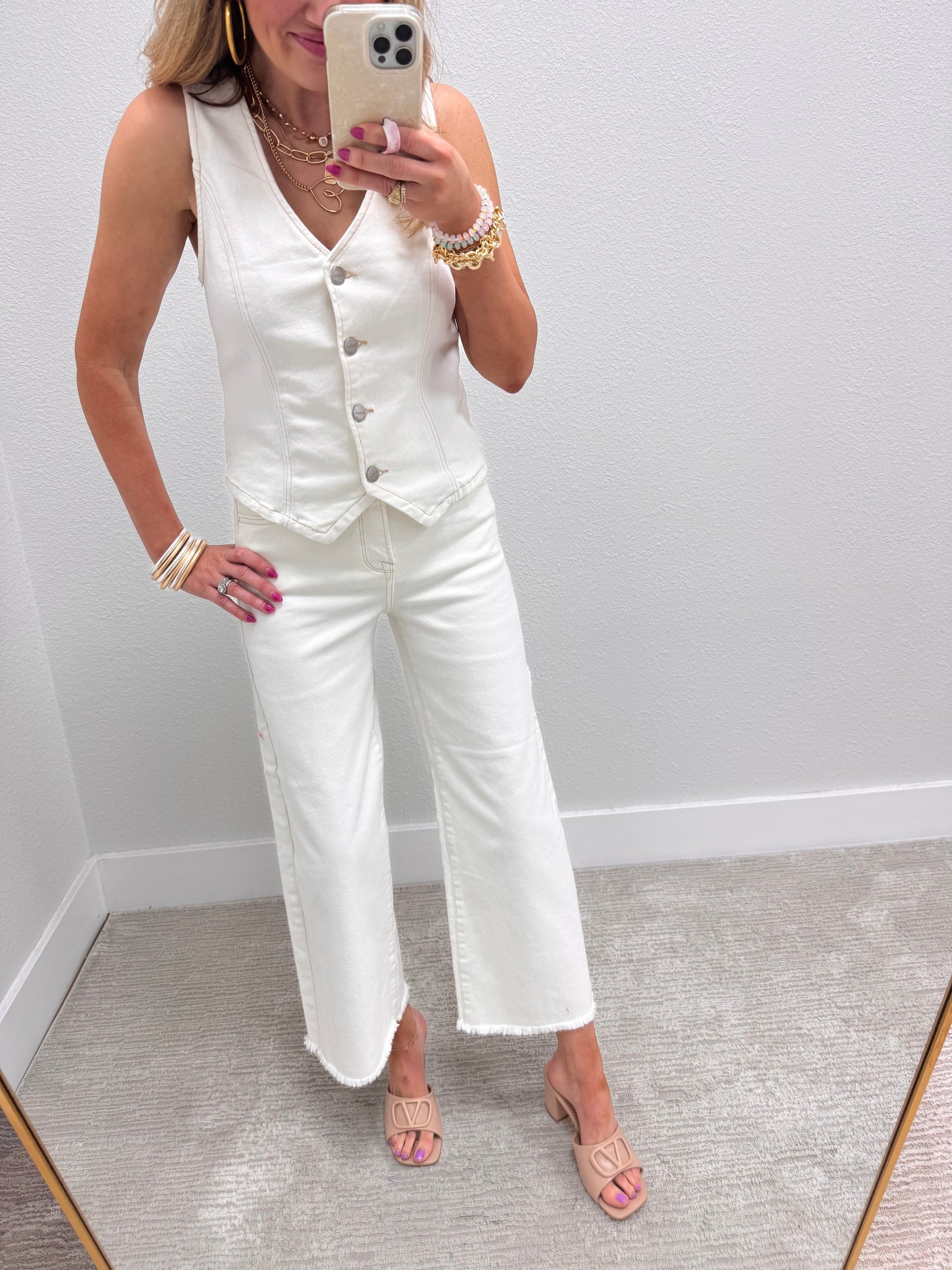 Risen Cream Denim Button Vneck Vest