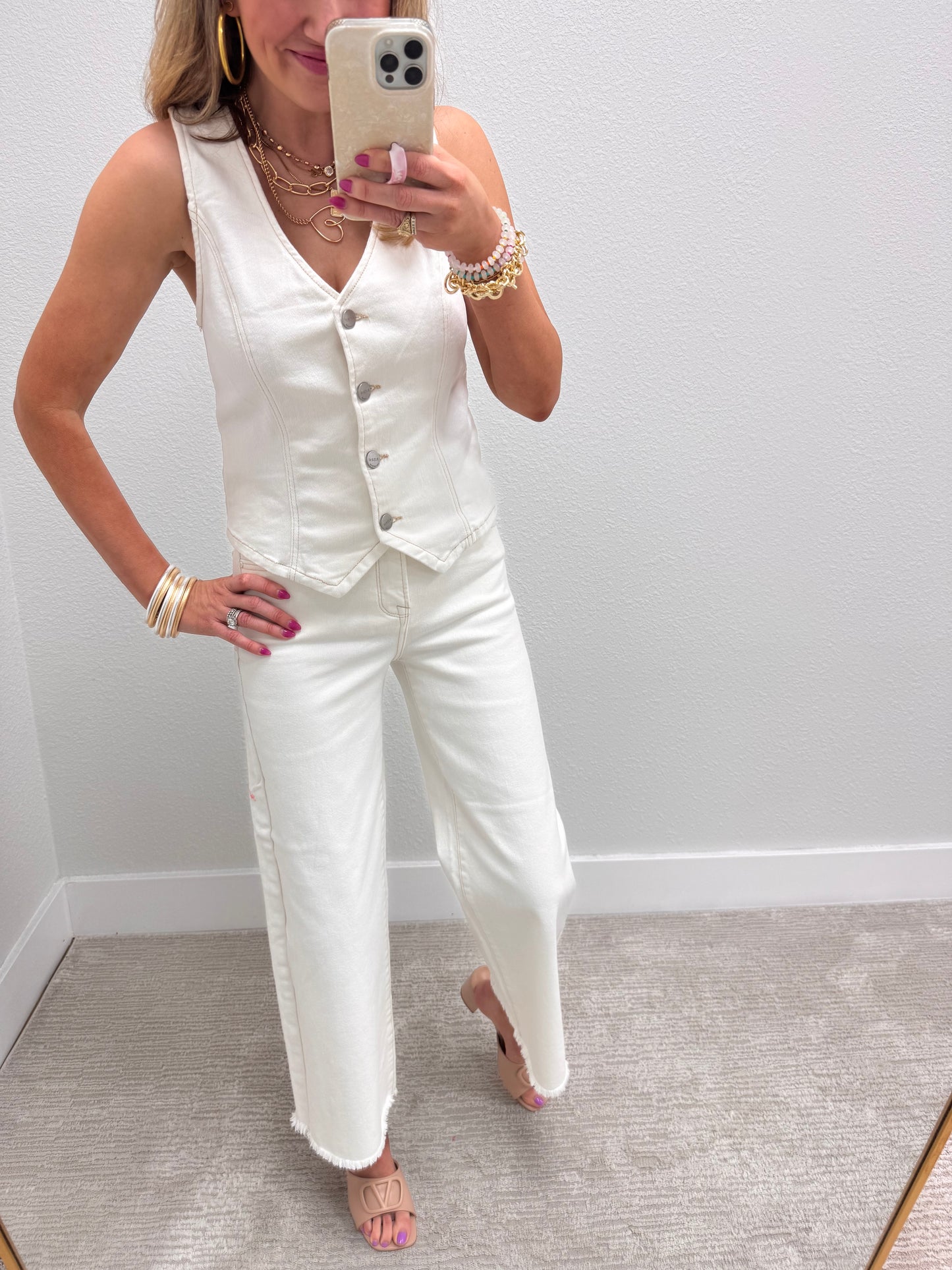 Risen Cream Denim Button Vneck Vest