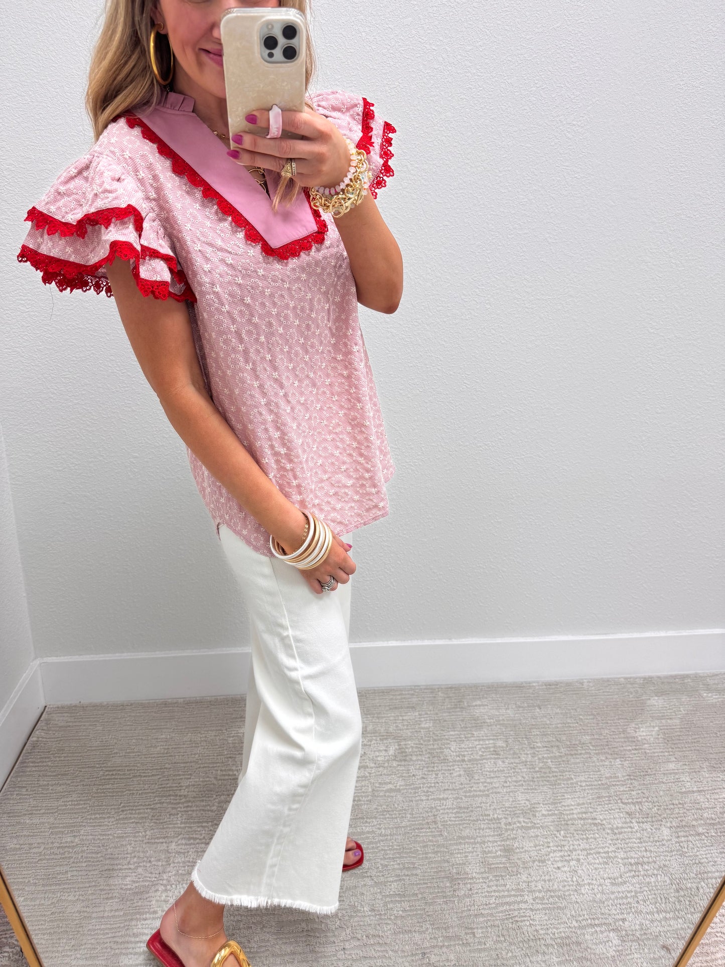 Red Eyelet Flutter Sleeve Blouse