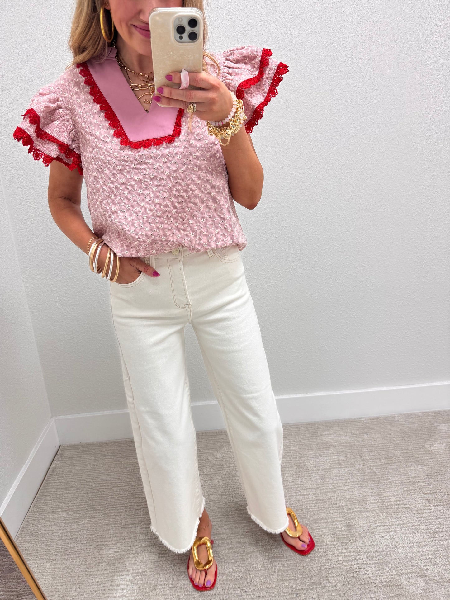 Red Eyelet Flutter Sleeve Blouse