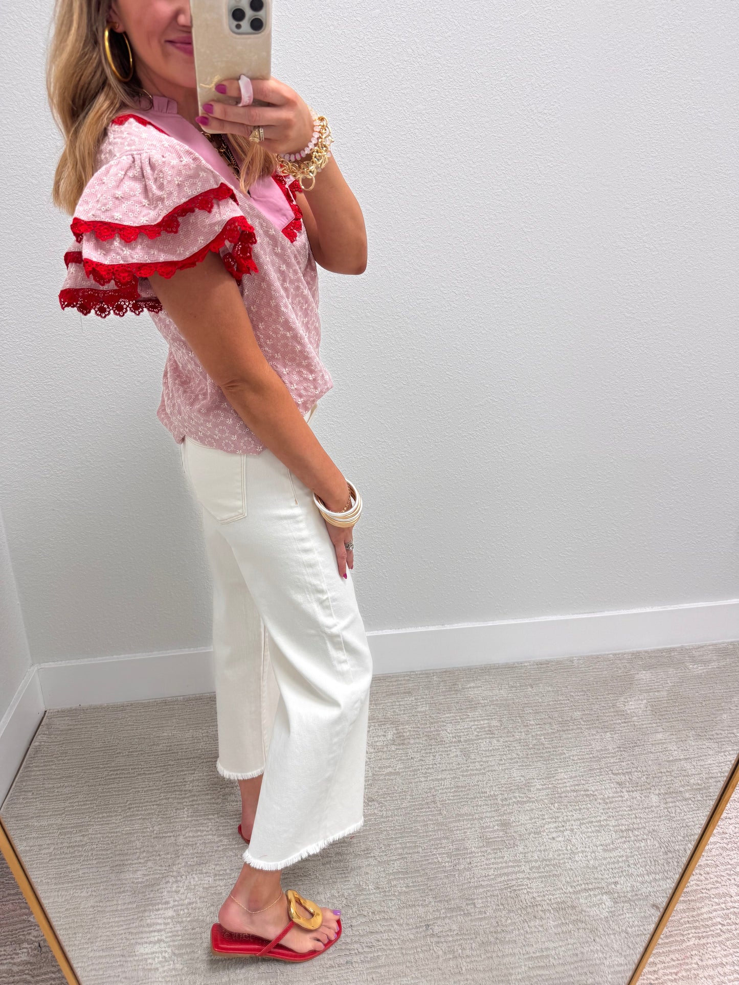 Red Eyelet Flutter Sleeve Blouse