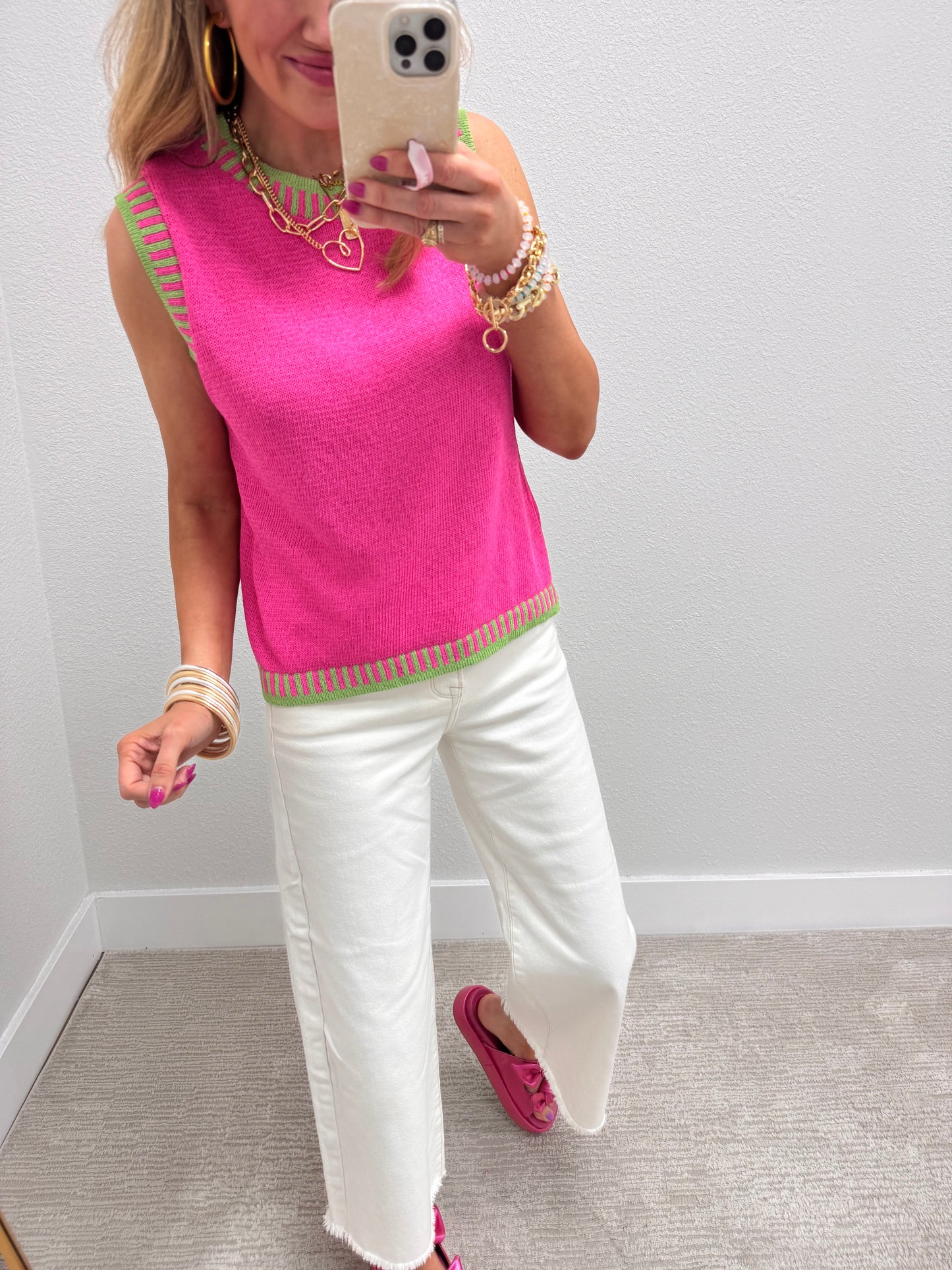 Fuchsia and Lime Solid Sleeveless Knit Top