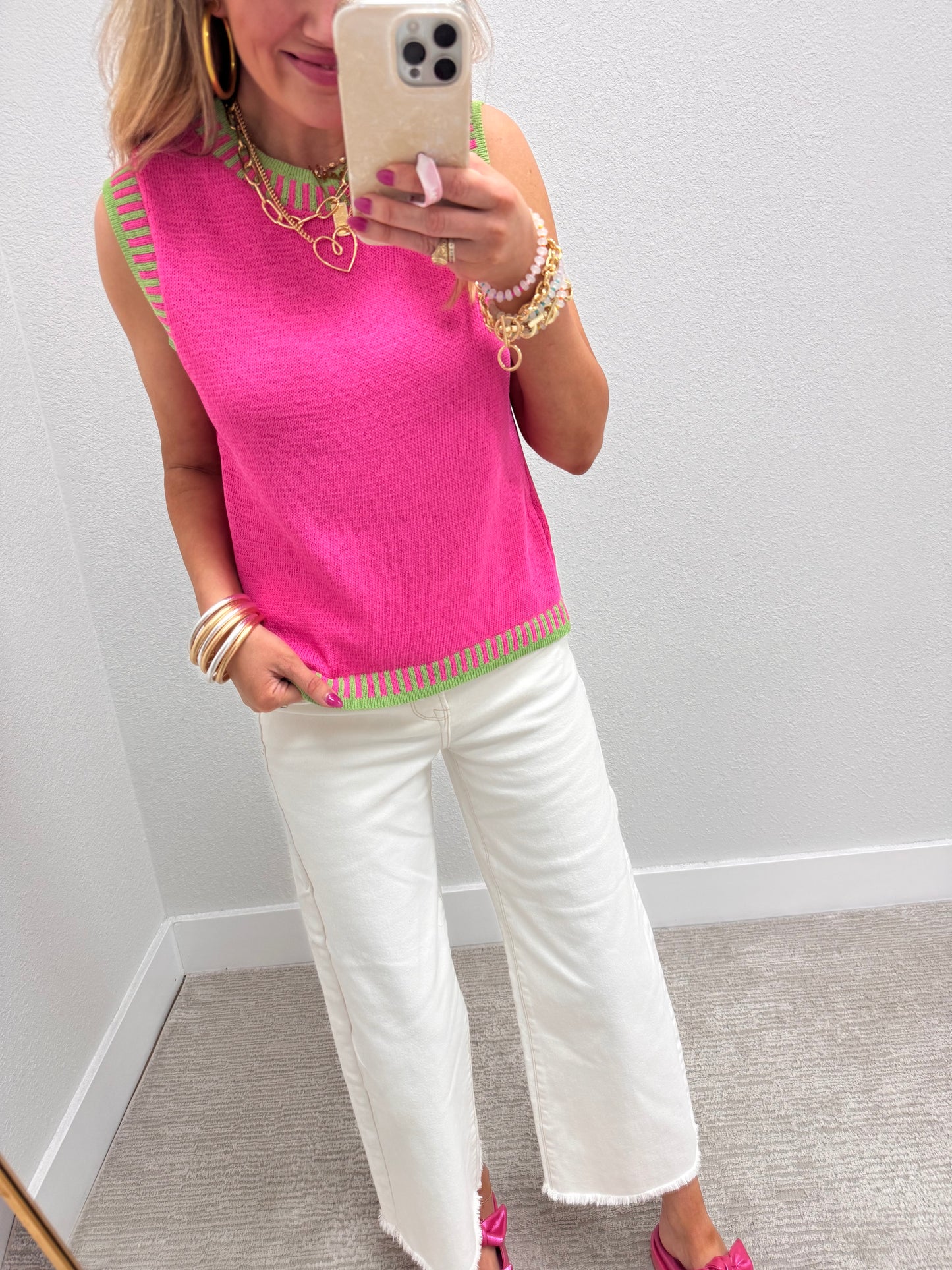Fuchsia and Lime Solid Sleeveless Knit Top