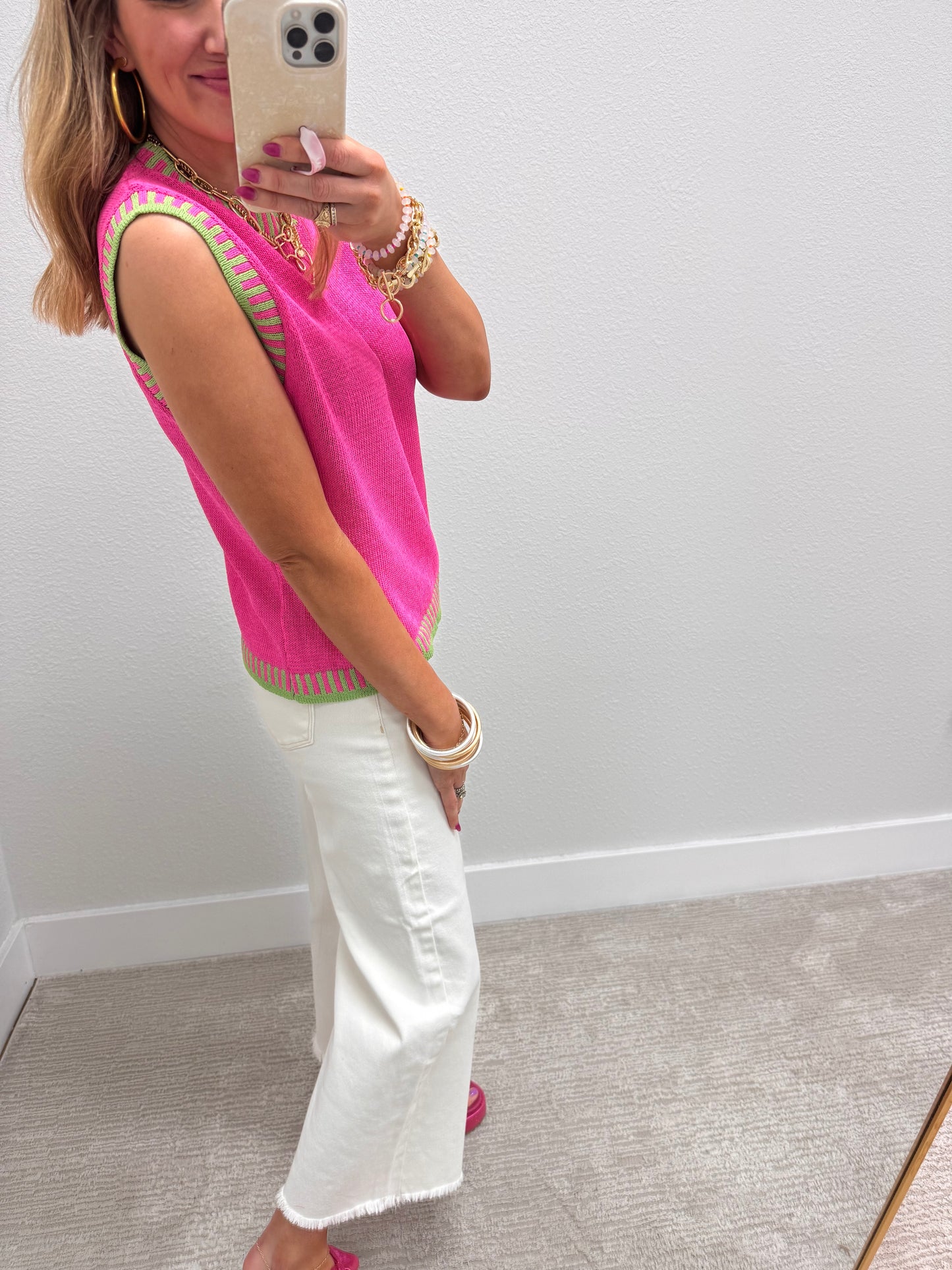 Fuchsia and Lime Solid Sleeveless Knit Top