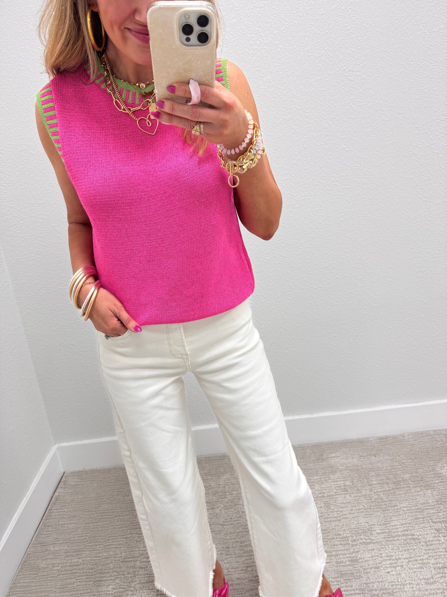 Fuchsia and Lime Solid Sleeveless Knit Top