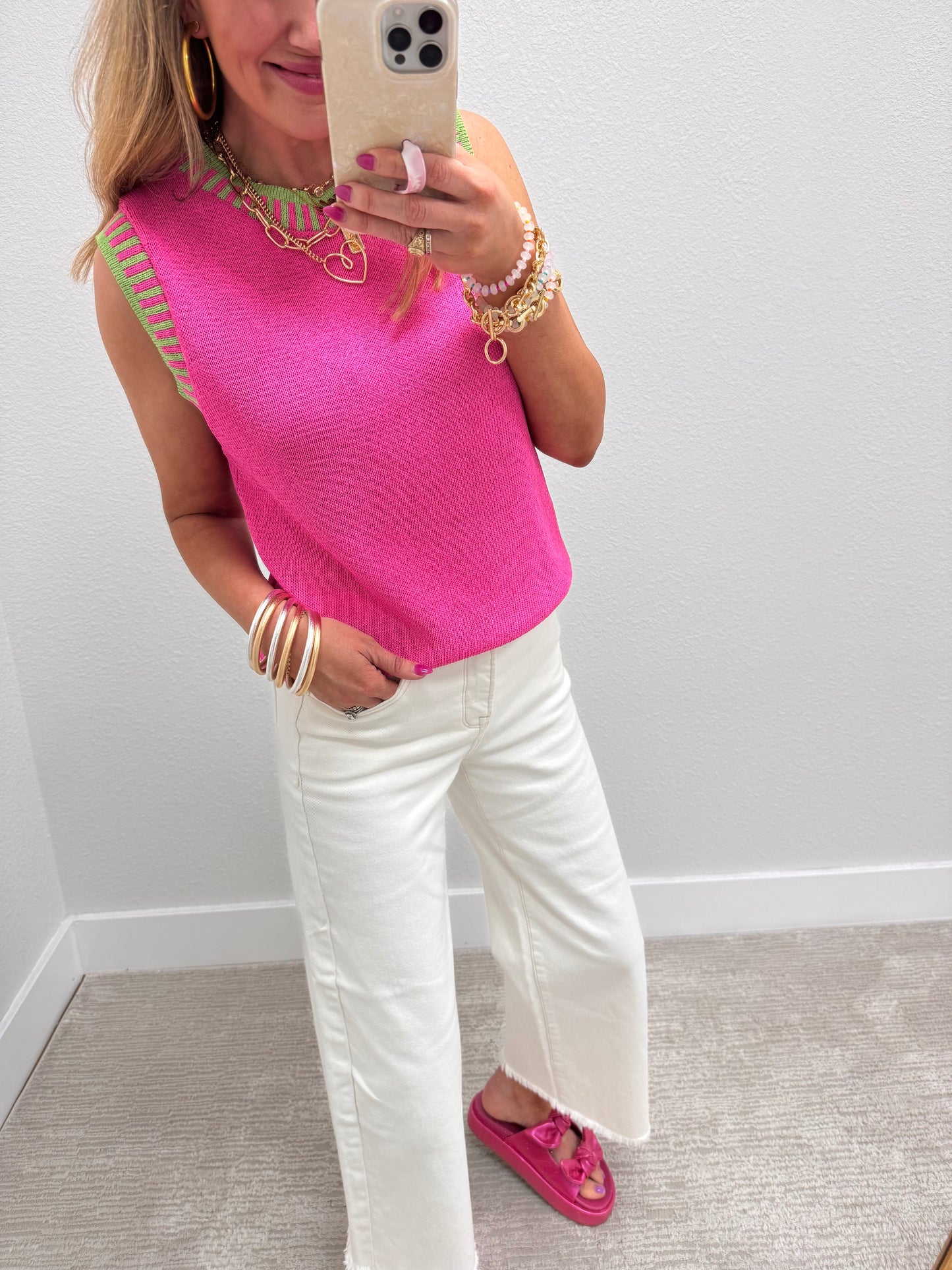 Fuchsia and Lime Solid Sleeveless Knit Top