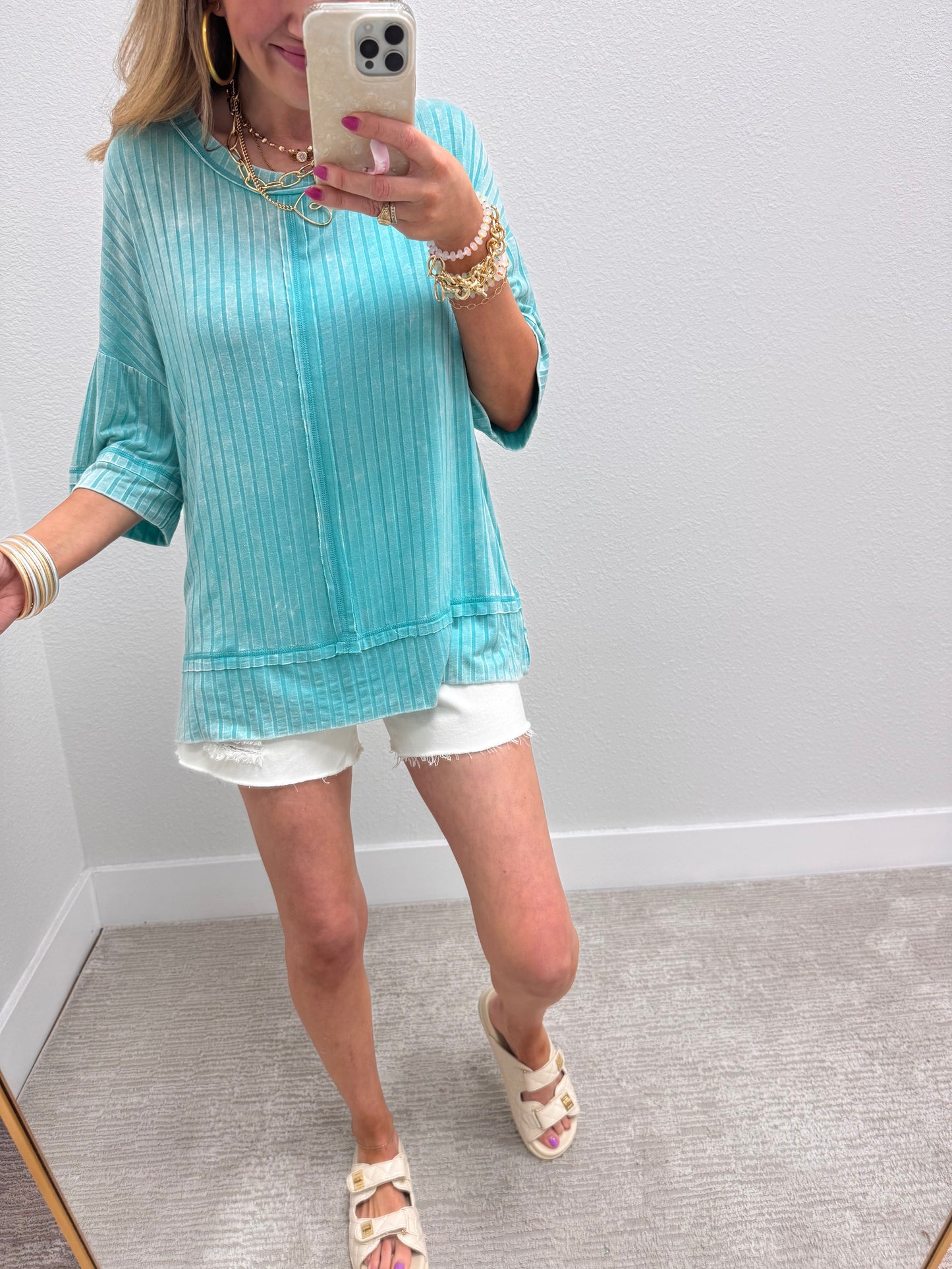 Turquoise Ribbed Drop Shoulder V-Neck Dolman Top