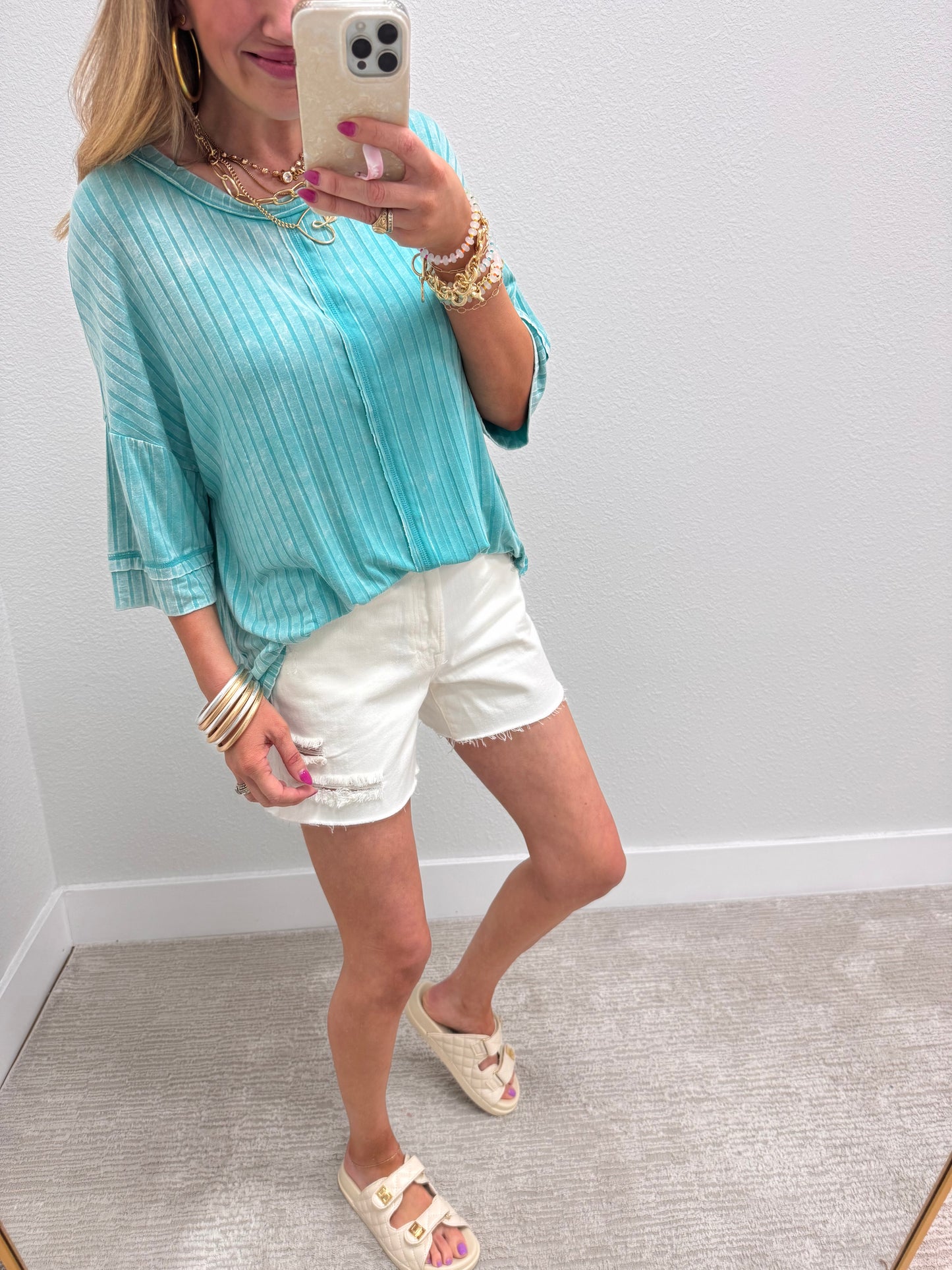 Turquoise Ribbed Drop Shoulder V-Neck Dolman Top