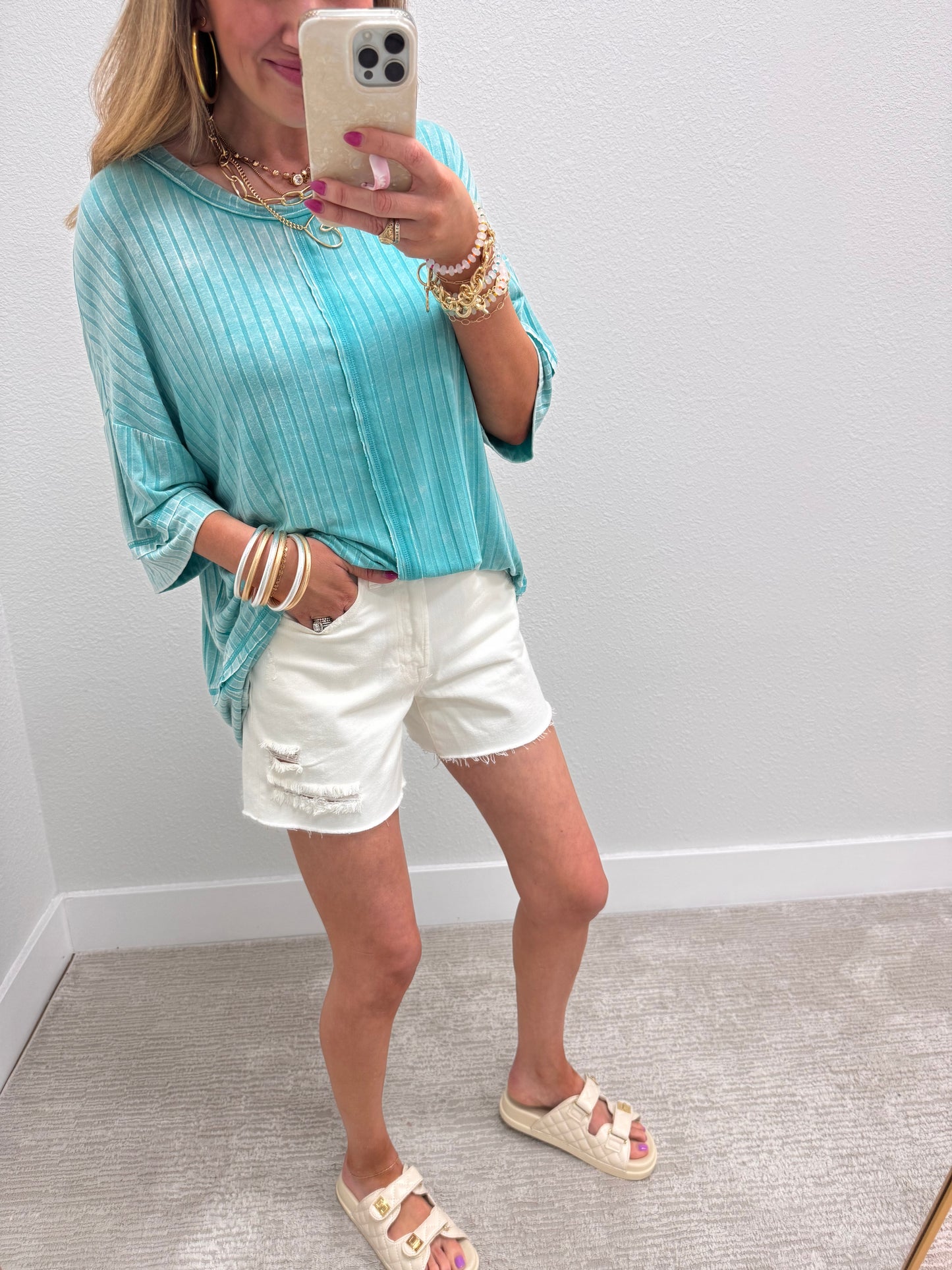 Turquoise Ribbed Drop Shoulder V-Neck Dolman Top