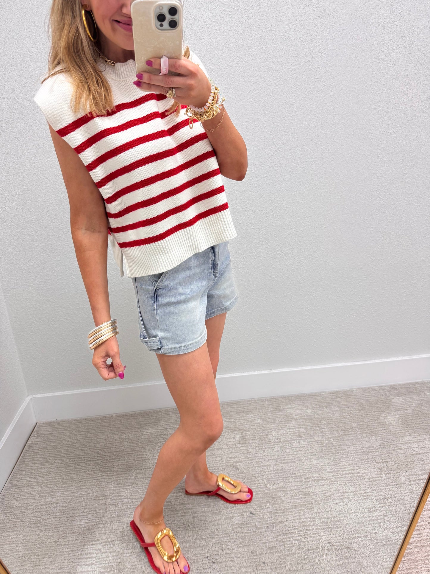 Red and Cream Striped Sweater Vest Top
