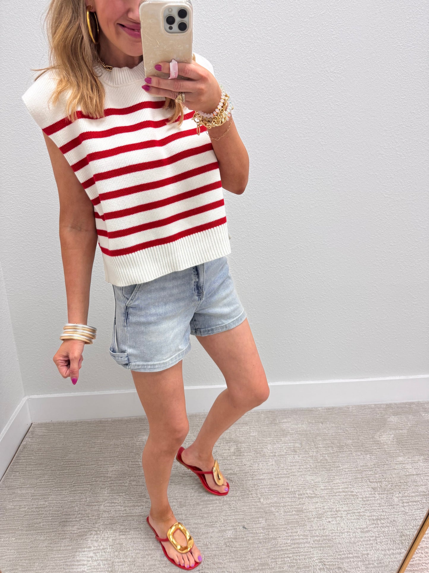 Red and Cream Striped Sweater Vest Top