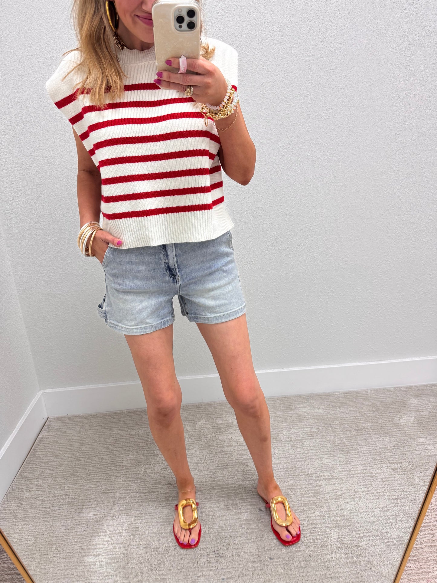 Red and Cream Striped Sweater Vest Top