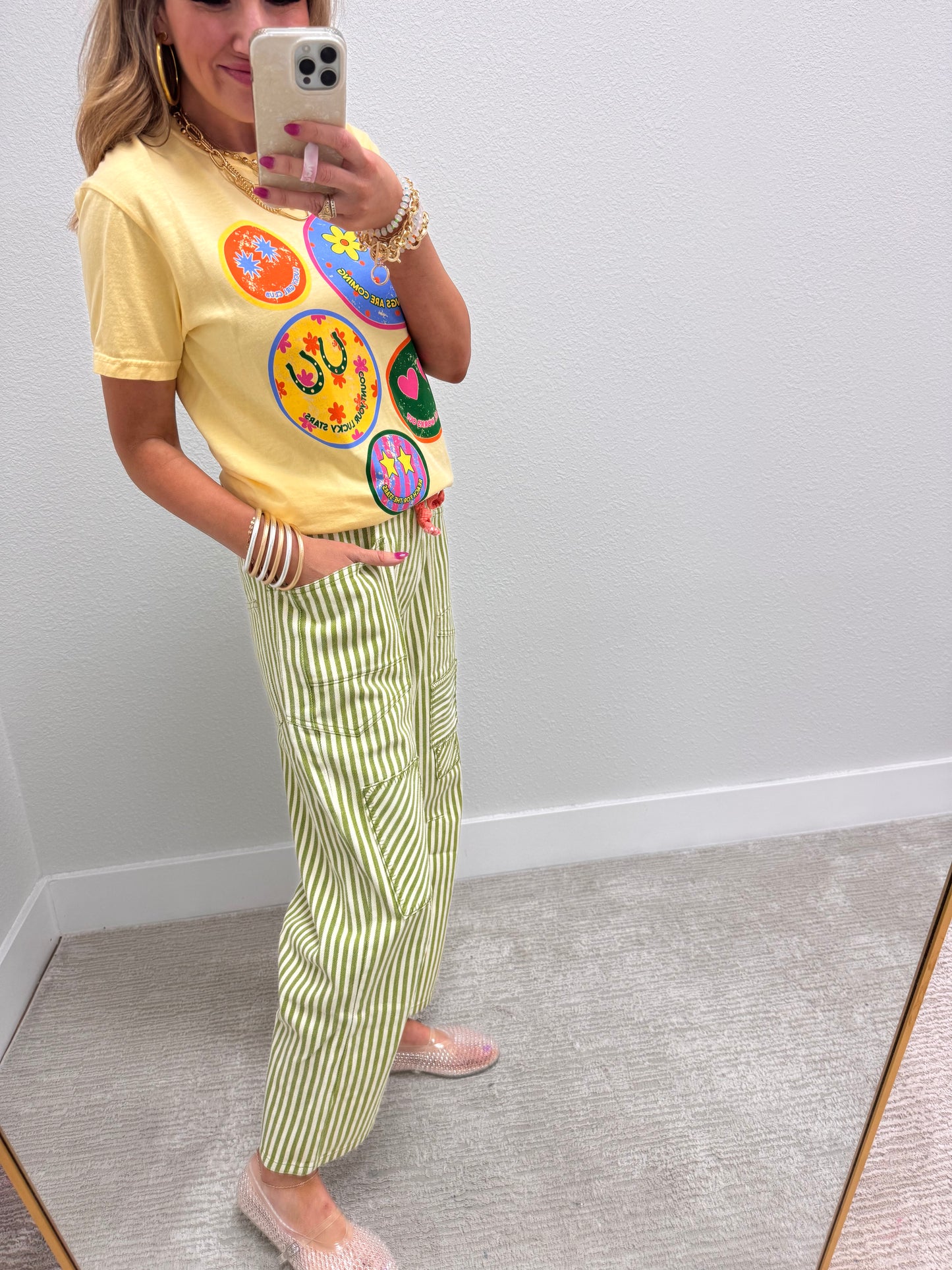 Lime Striped Twill Barrel Pants