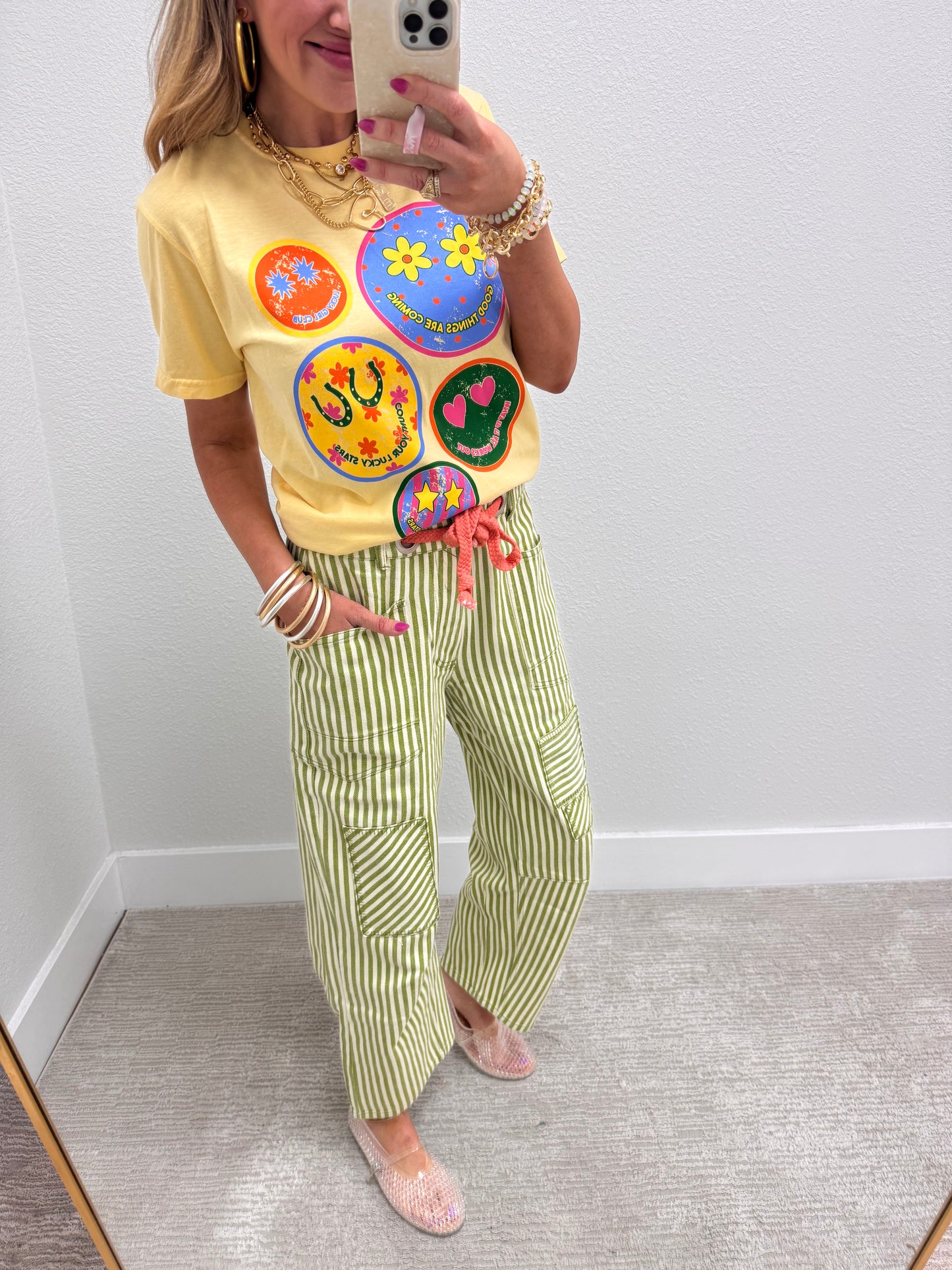 Lime Striped Twill Barrel Pants