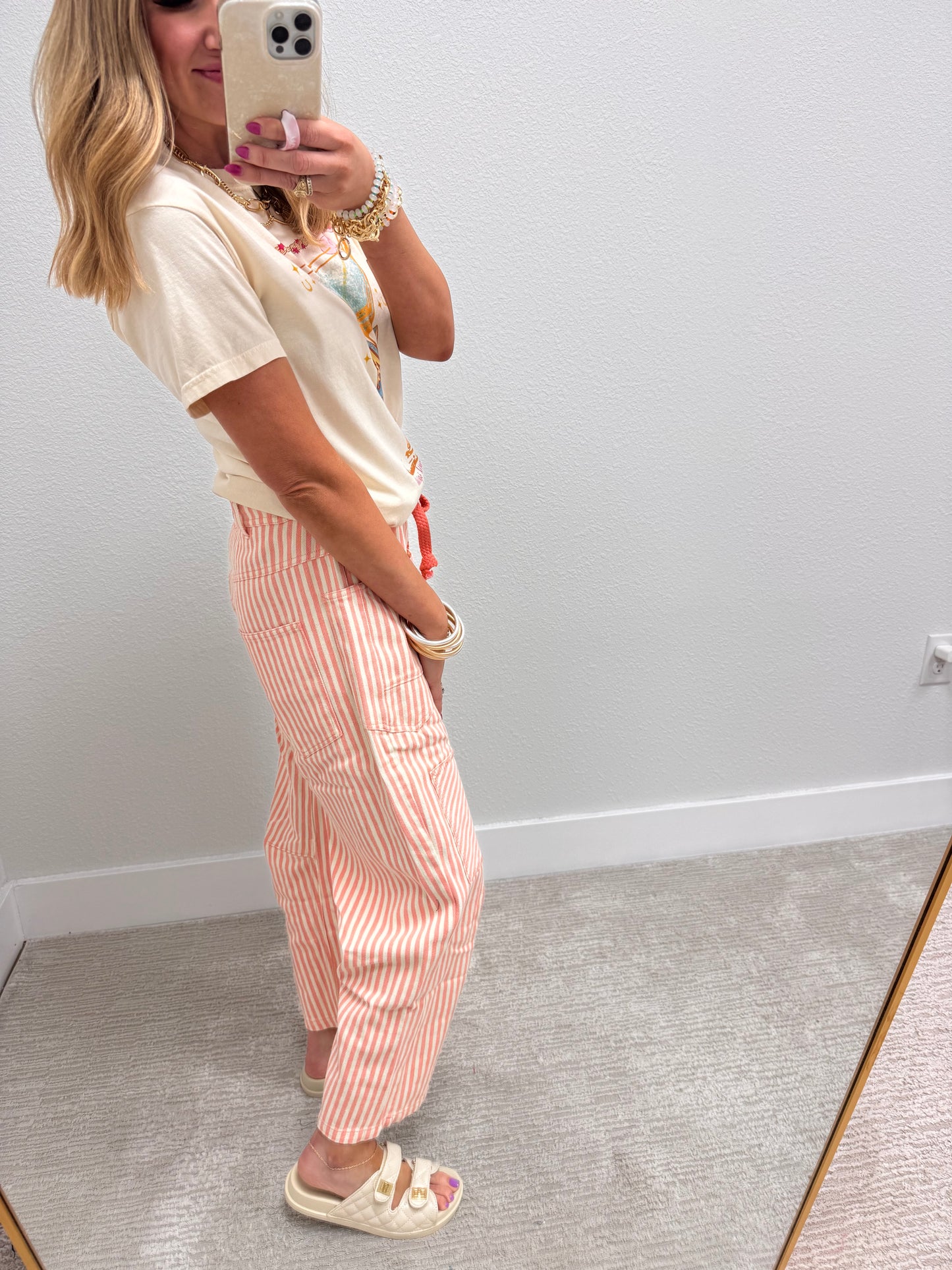 Coral Peach Striped Twill Barrel Pants