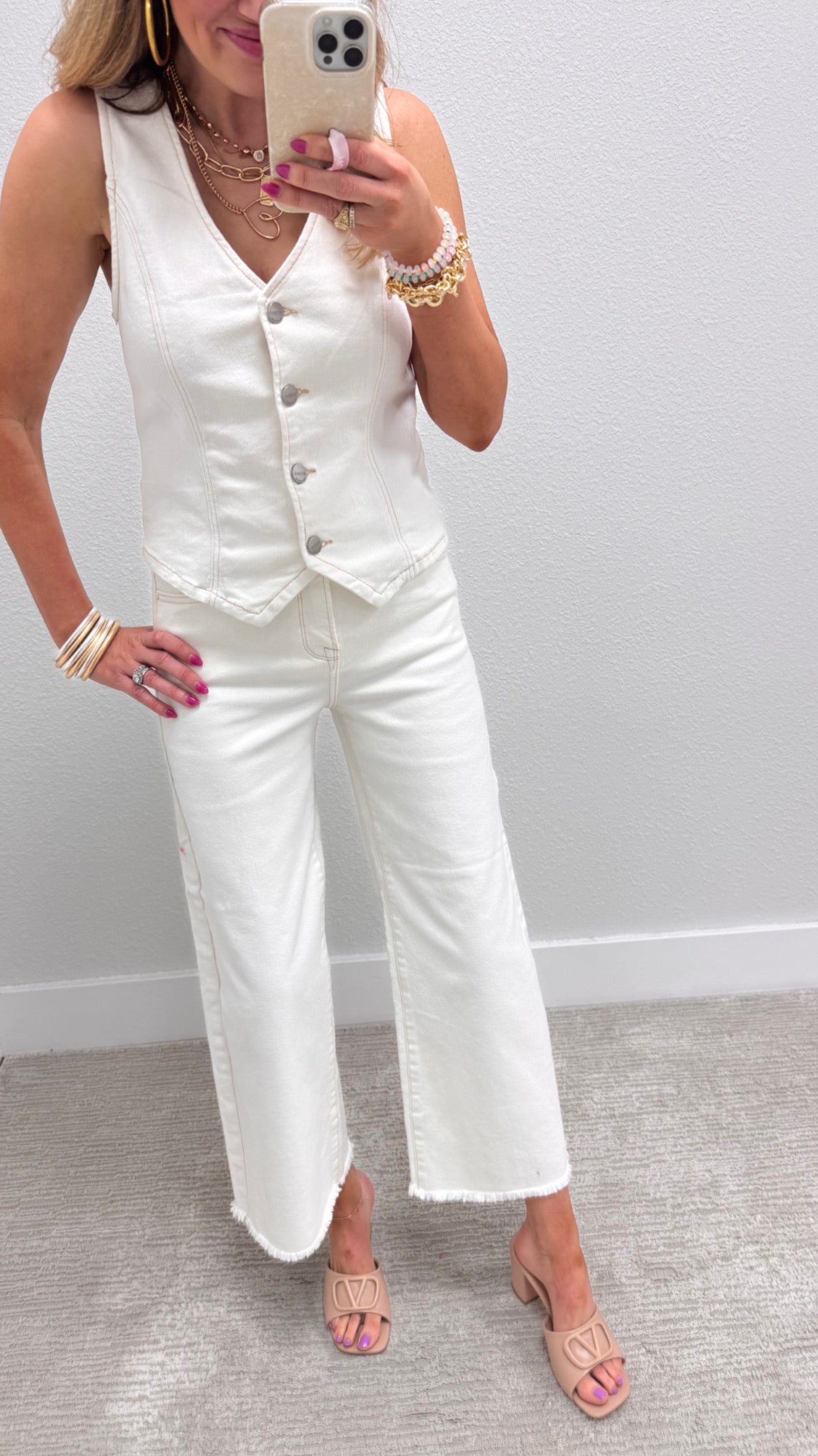 Risen Cream Denim Button Vneck Vest