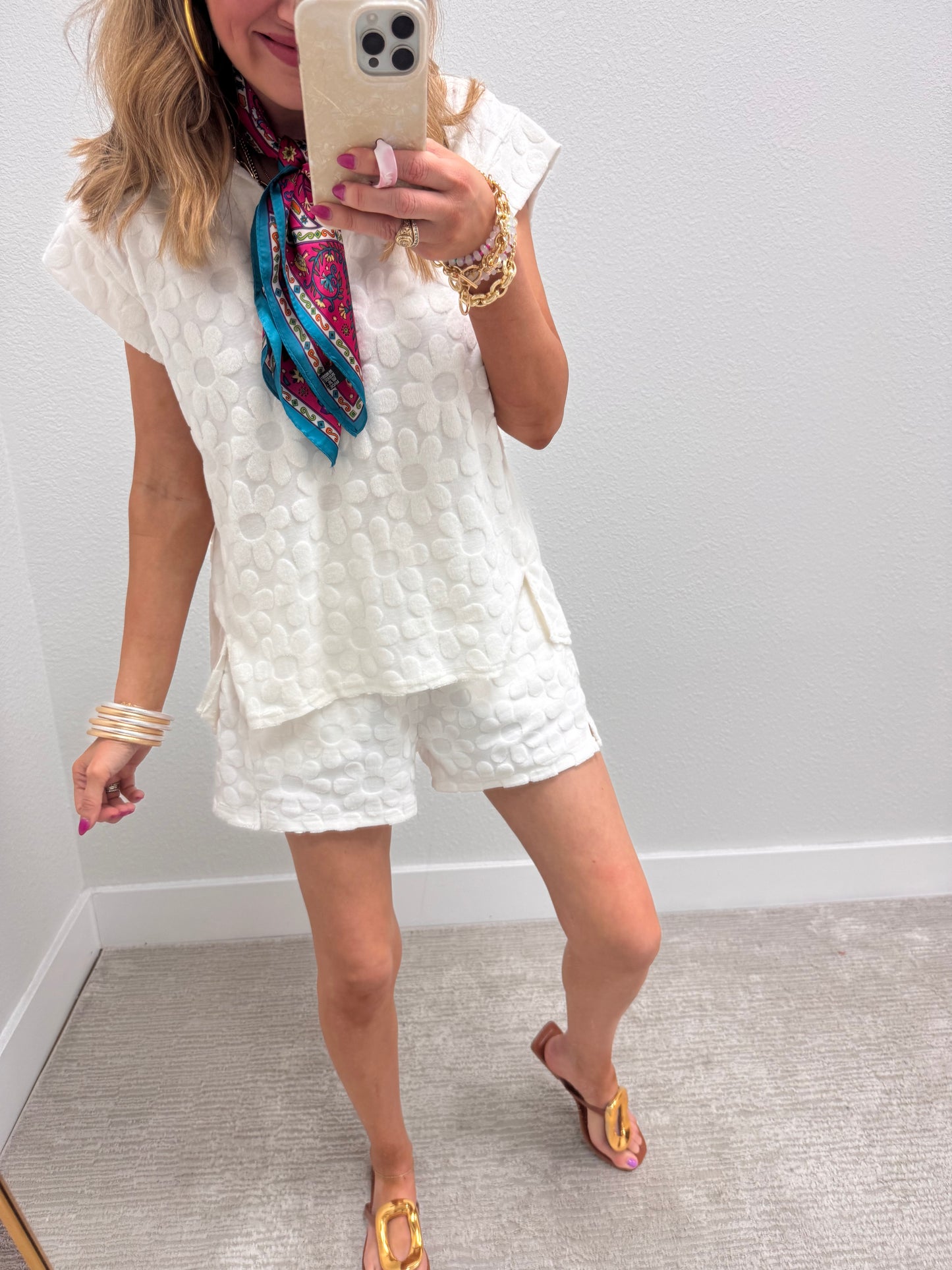 Off White French Terry Flower Two Piece Short Set