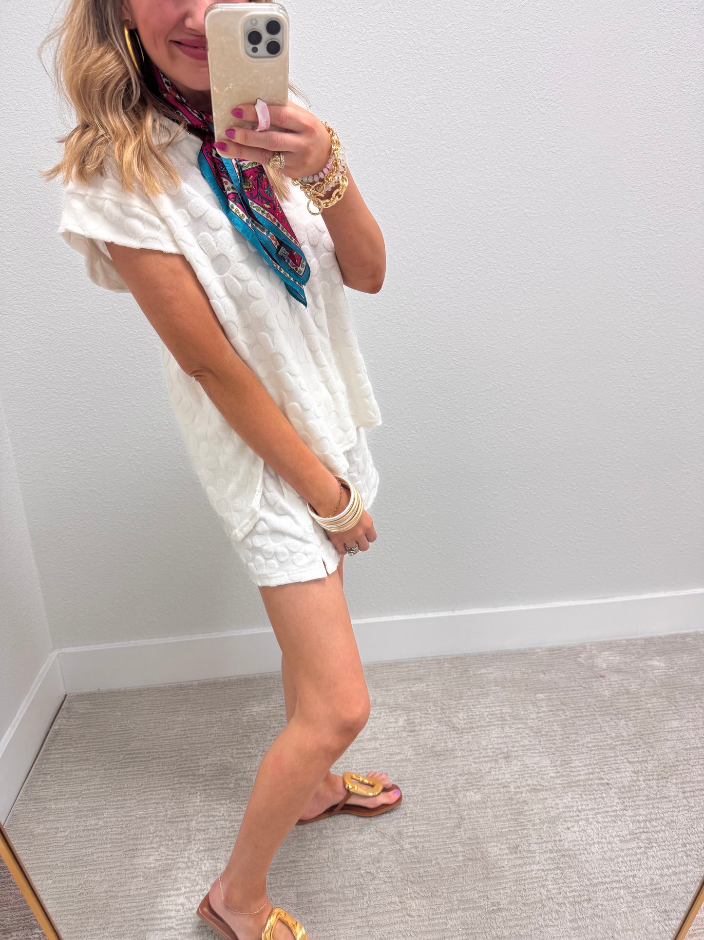 Off White French Terry Flower Two Piece Short Set