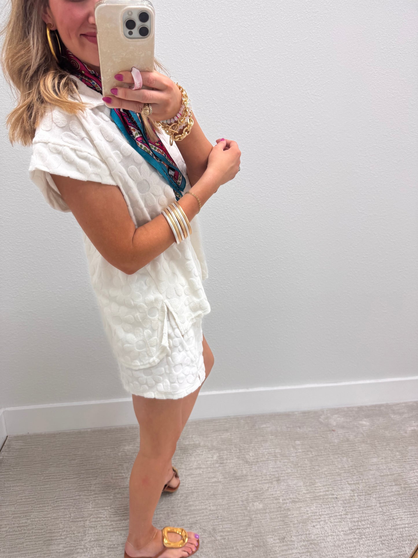 Off White French Terry Flower Two Piece Short Set