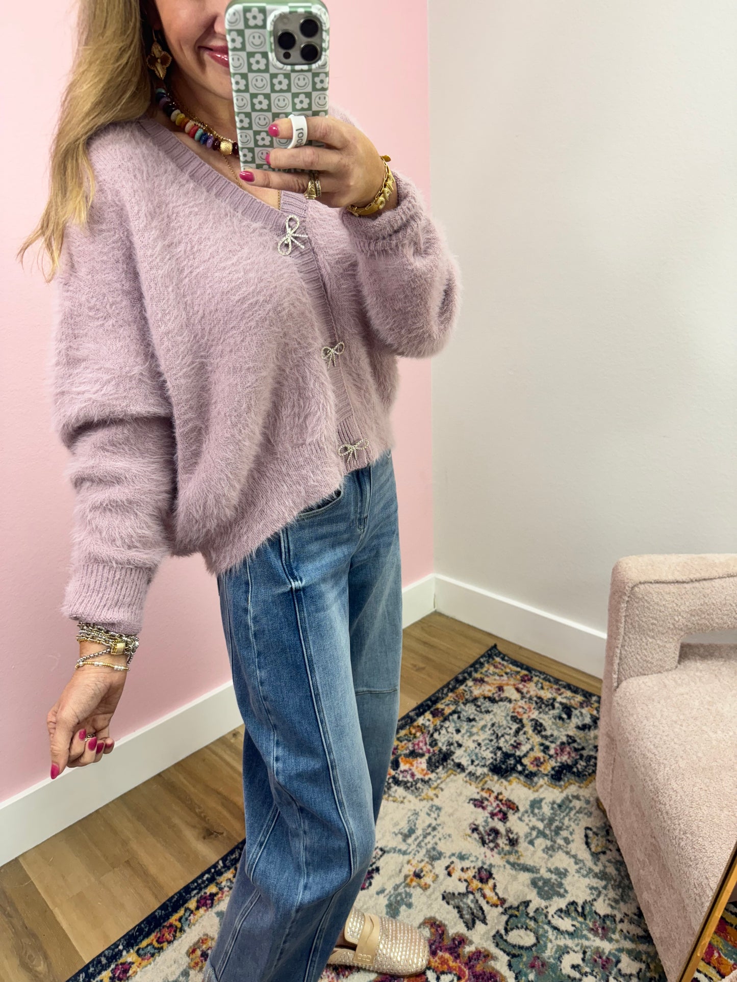 Lavender Fuzzy Cardigan With Rhinestone Bow Button