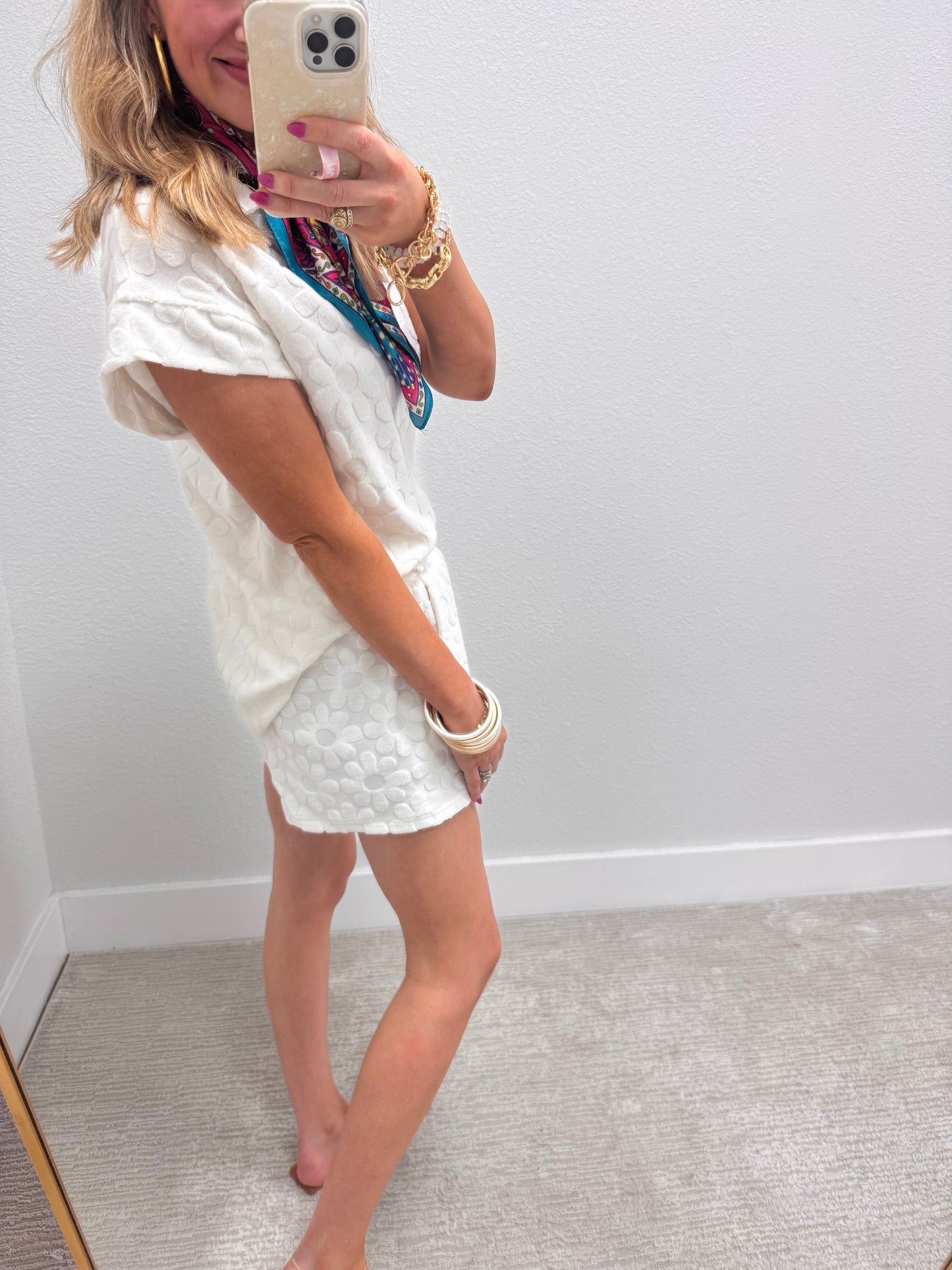 Off White French Terry Flower Two Piece Short Set